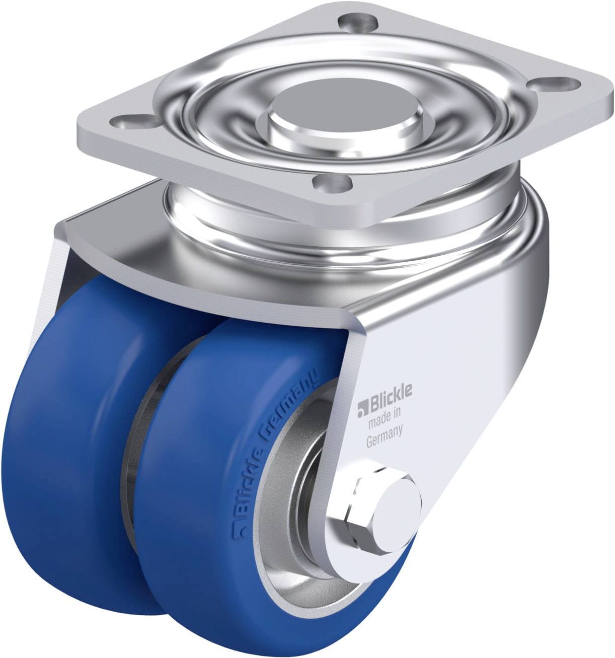 Ein doppeltes Schwenkrollenrad aus Metall mit blauen Gummireifen, geeignet für schwere Lasten, mit einem stabilen Befestigungsblech.