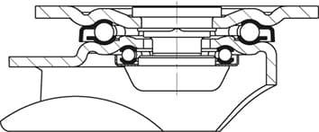 Querschnitt eines Maschinenteils mit Kugellagern und Achse. Zeigt interne Struktur und Anordnung zur Unterstützung der Bewegung.