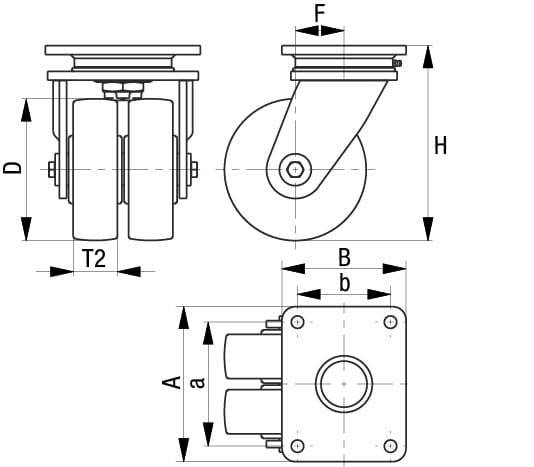 Technische Zeichnung eines Doppelspur-Lenkrollenrads mit Abmessungen D, T2, F, H, a, b, B. Zeigt Seiten- und Draufsicht.