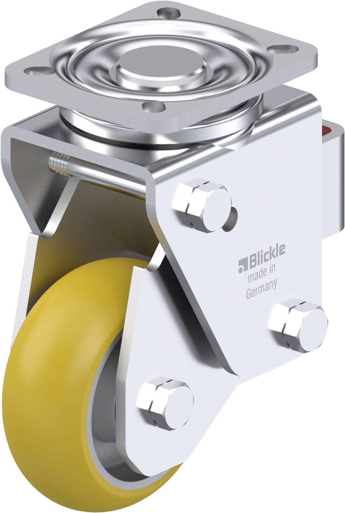 Industrie-Schwenkrolle mit gelbem Rad und silbernem Metallgehäuse. Aufschrift: 'Blickle, made in Germany'.