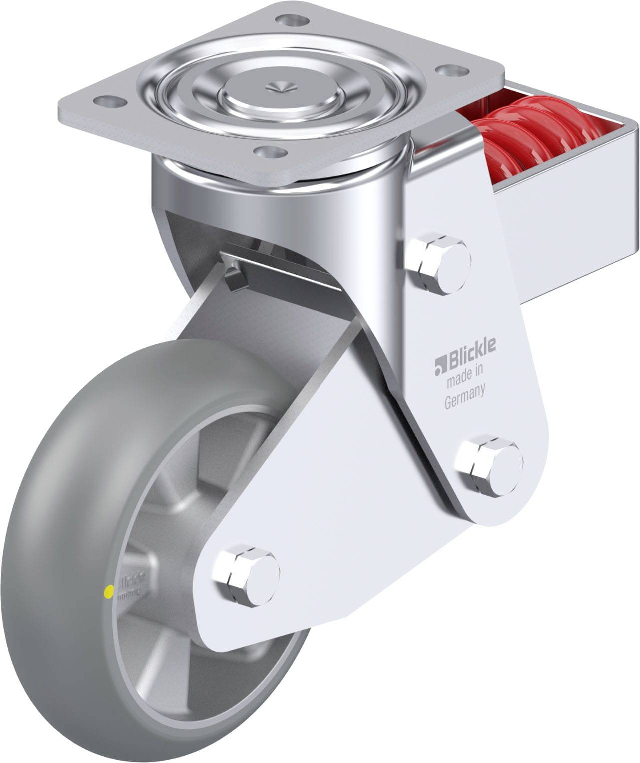 Industrie-Rolle mit grauem Rad, Metallsockel und rotem Stoßdämpfer. Hergestellt von 'Blickle' in Deutschland.