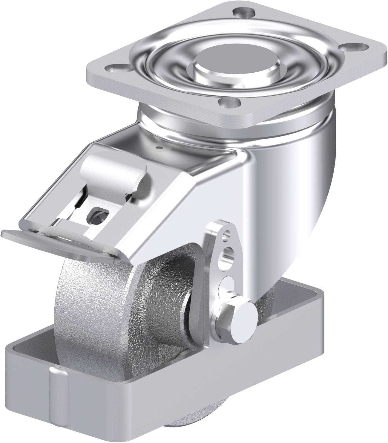 Eine Metallrolle mit einer Befestigungsplatte, geeignet für schwere Lasten. Die Rolle hat ein Gehäuse, das ihre Bewegung erleichtert.