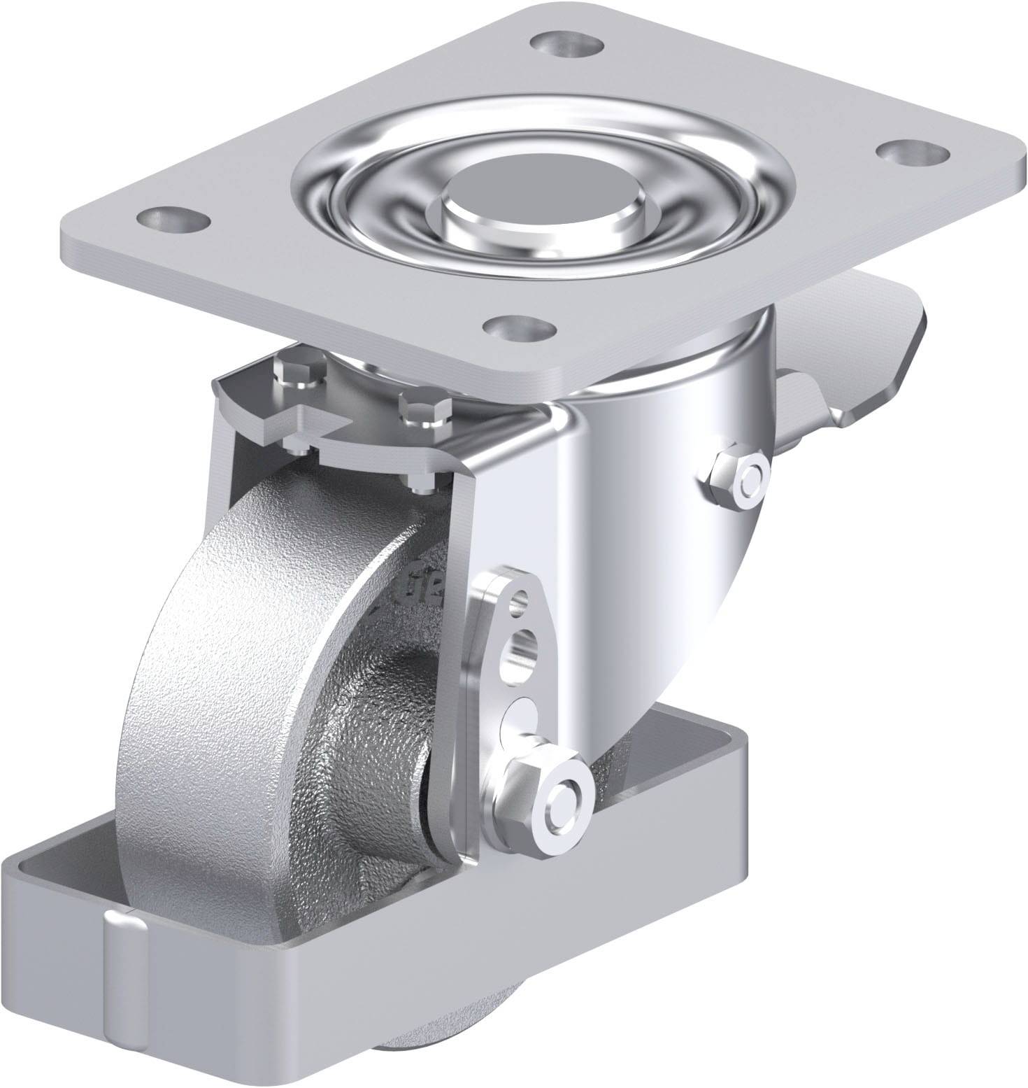 Industrieweiche mit Metallhalterung und drehbarer Rolle. Geeignet für Schwerlastanwendungen, flexibel und robust.