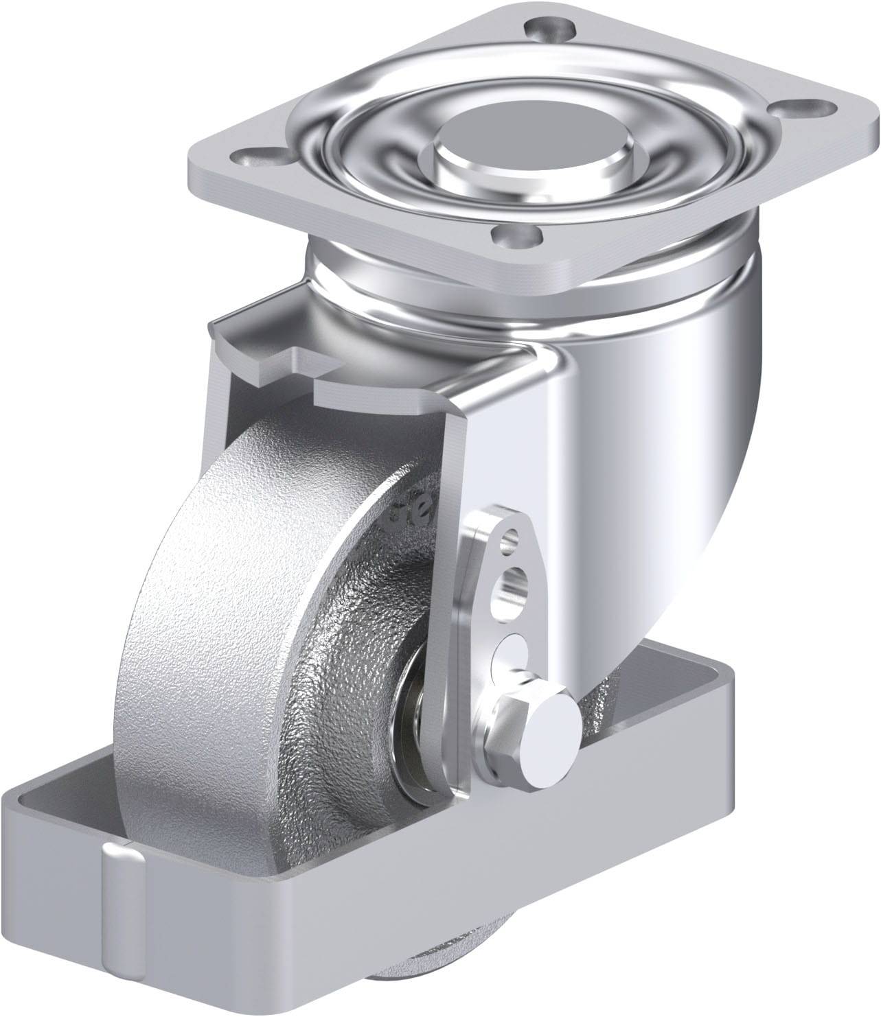 Metallisches, drehbares Möbel- oder Geräte-Lenkrollenrad mit Befestigungsplatte, geeignet für flache Oberflächenmontage.