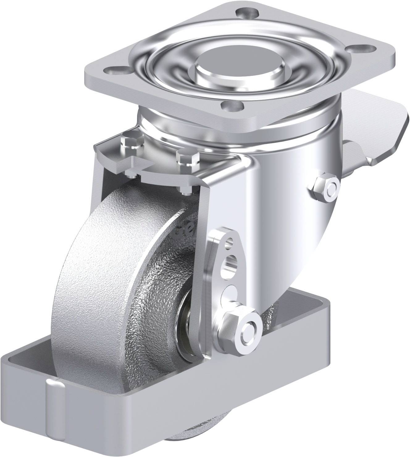 Schwenkrolle aus Metall mit Befestigungsplatte und Bremse, verwendet für Schwerlastanwendungen.