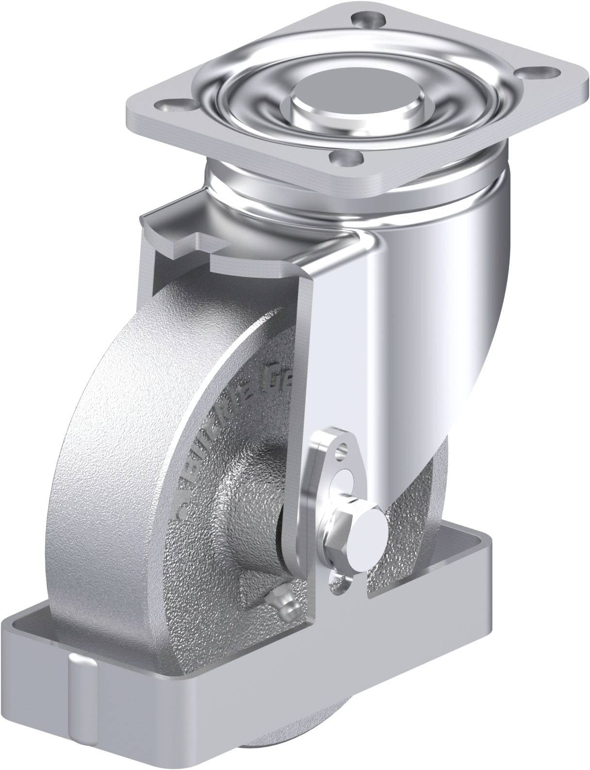 Industrie-Rollenlager aus Metall, mit drehbarem Gehäuse und Lauffläche, geeignet für schwere Lasten und industrielle Anwendungen.