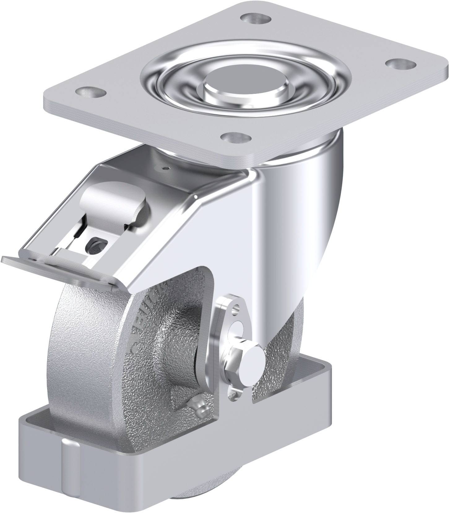Industrie-Rollenrad aus Metall mit Befestigungsplatte und Drehmechanismus, geeignet für schwere Lasten und flexible Bewegungen.