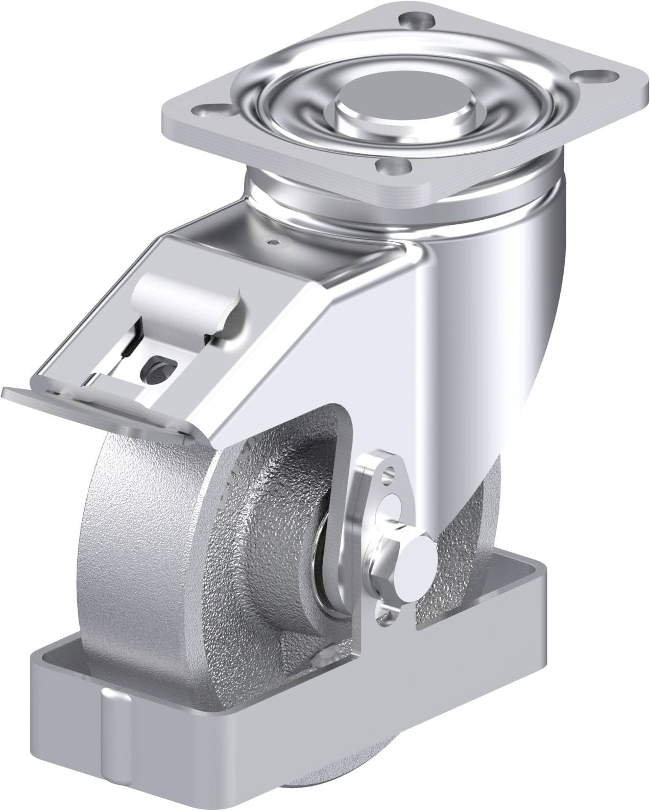 Industrie-Schwenkrolle aus Metall, robuste Bauweise, geeignet für schwere Lasten. Enthält eine Befestigungsplatte und eine Rollenbremse.