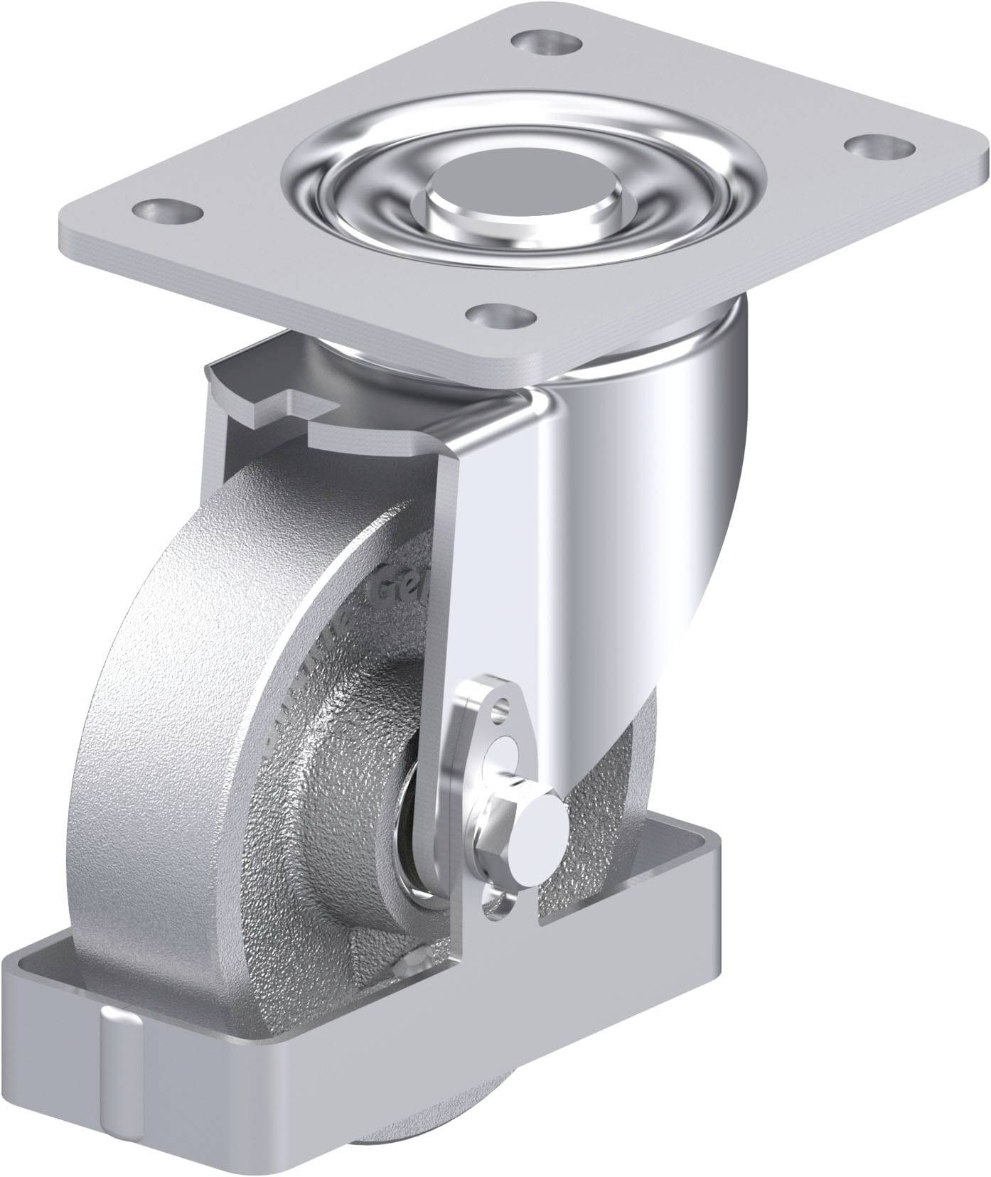 Industrie-Drehrad: silbernes Metallgehäuse, Schwenklager, rechteckige Grundplatte mit Schraublöchern, stabil und belastbar.