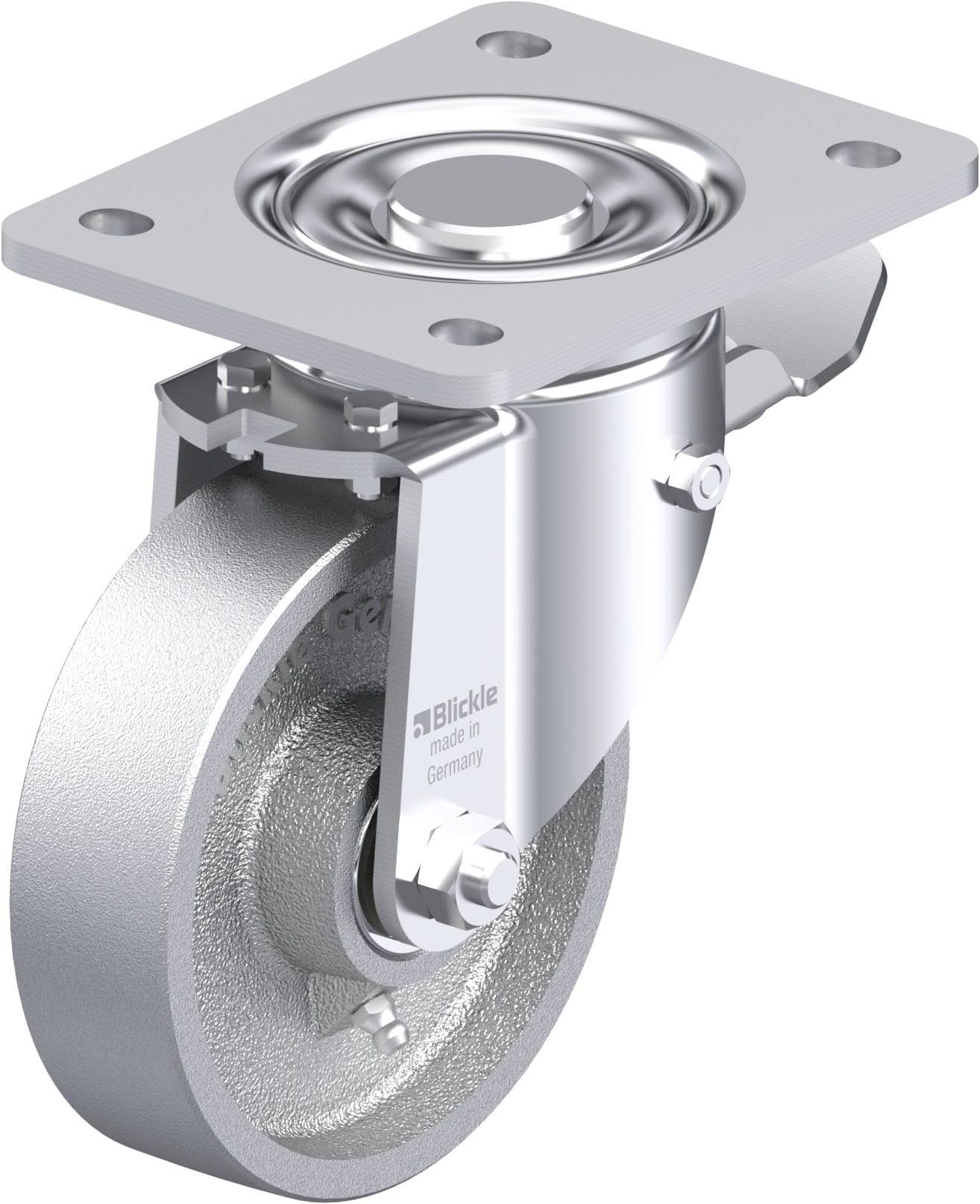 Schwenkrolle aus Metall mit Montageplatte; Hersteller: Blickle, Made in Germany.