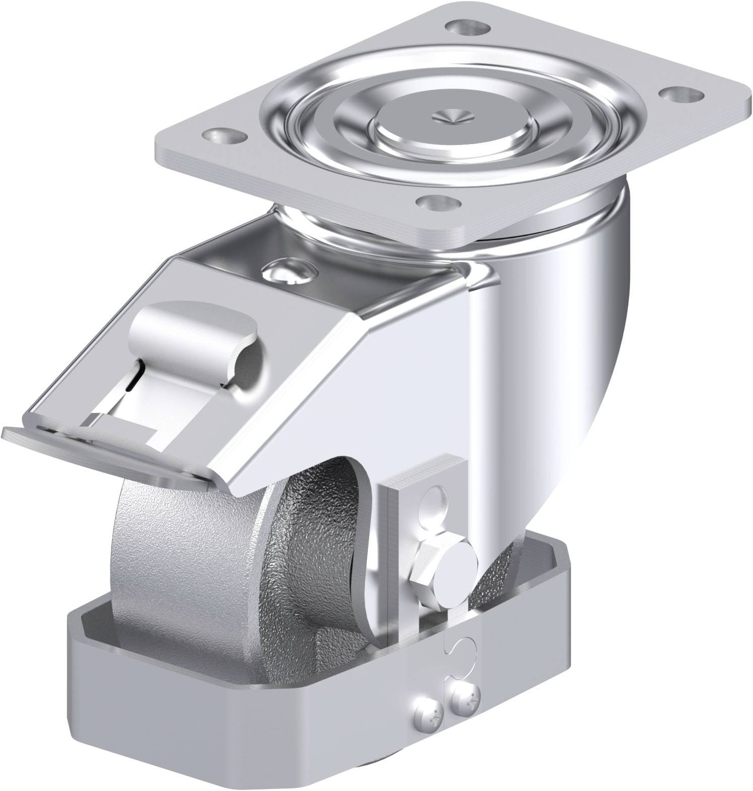 Metallrolle mit Lenkfunktion und Befestigungsplatte, geeignet für den Einsatz an Möbeln oder Transportgeräten.