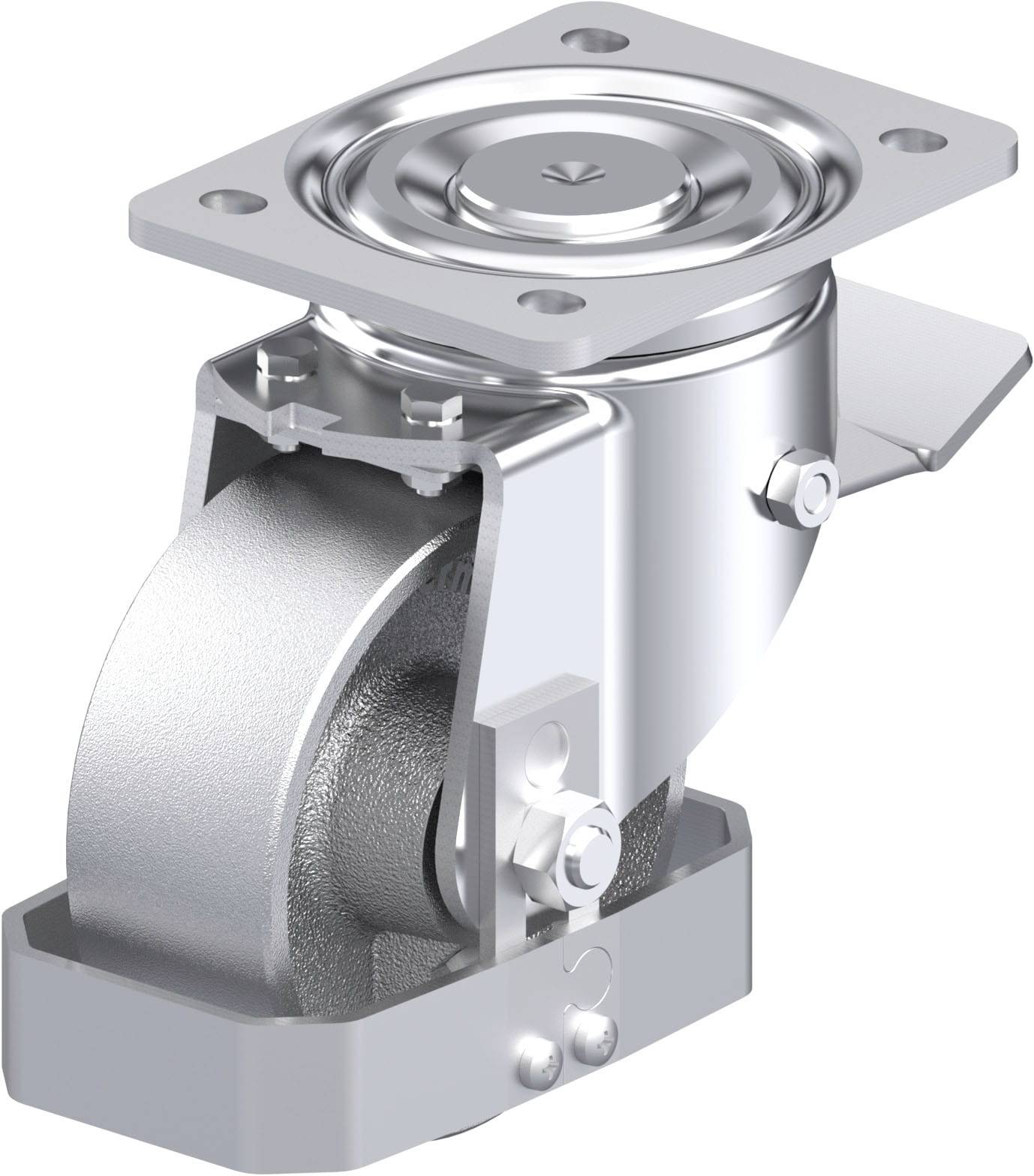 Metallrolle mit rechteckiger Halterung, geeignet für schwere Lasten. Die Rolle ist schwenkbar, was eine flexible Bewegung ermöglicht.