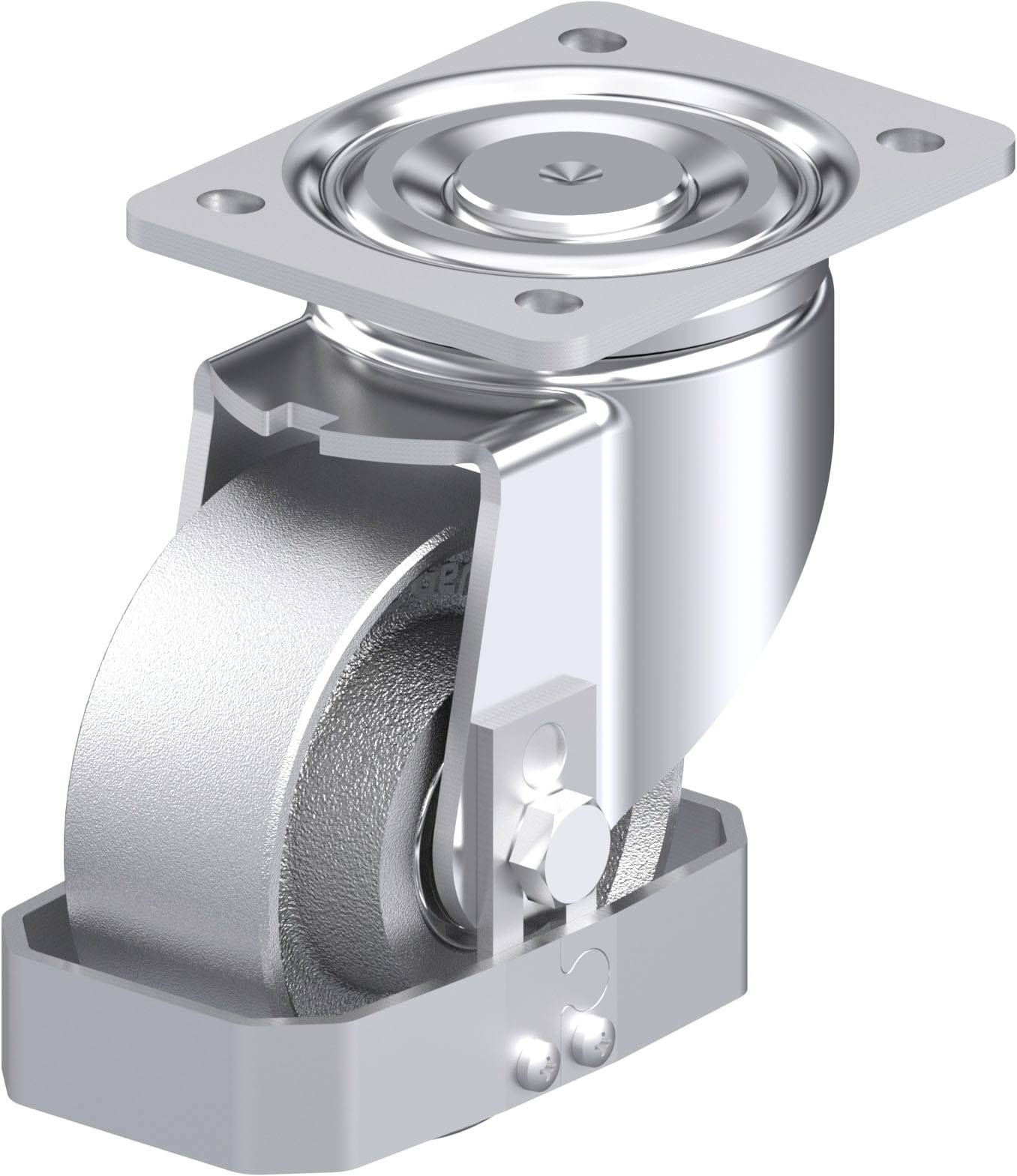 Metallisches Möbelrad mit silbernem Finish auf einer Edelstahlhalterung, geeignet für industrielle Anwendungen und Möbelbeweglichkeit.