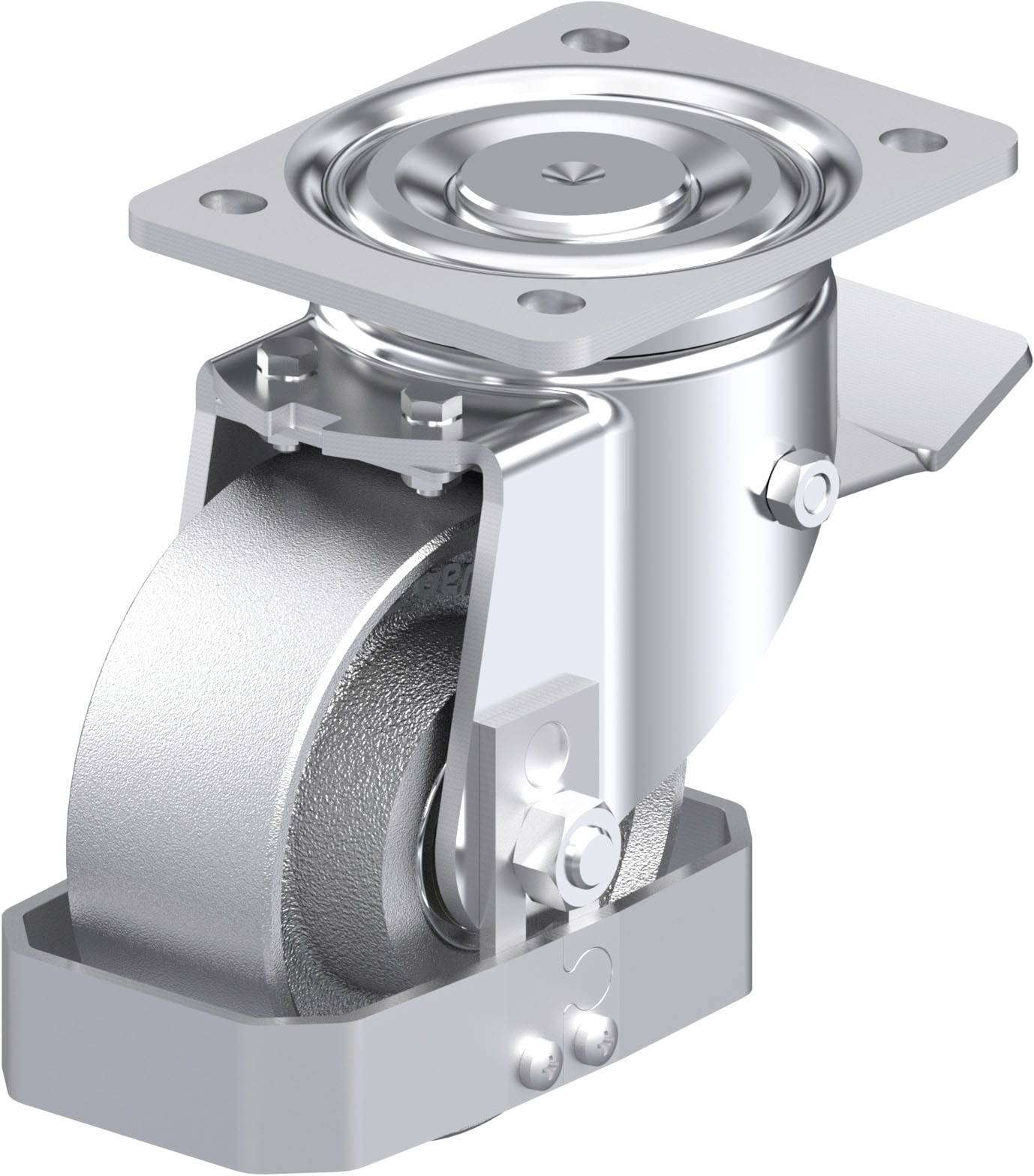 Metallisches Schwenkrollen-Lenkrollen-Design mit rechteckiger Montageplatte, für industrielle Anwendungen.