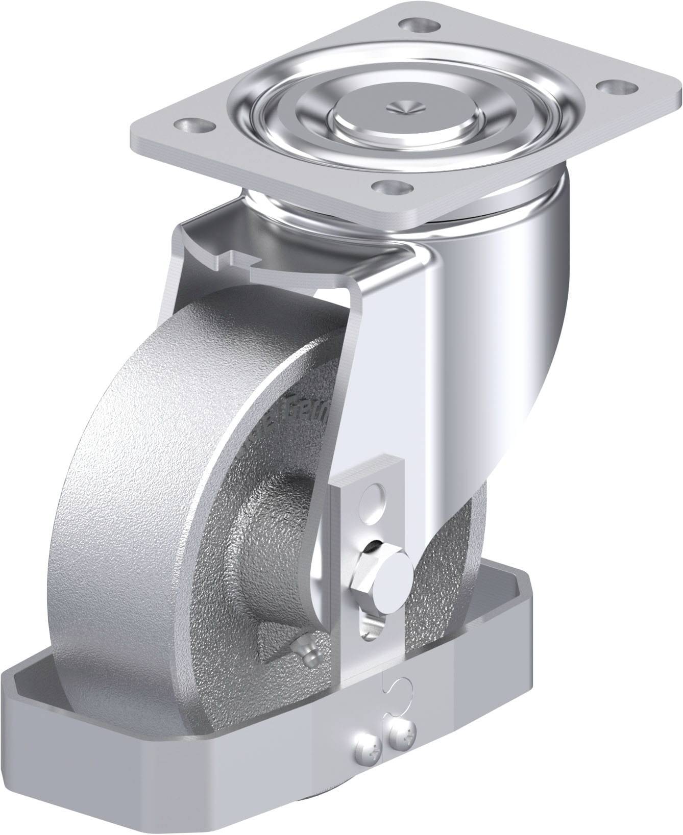 Industrielles Schwenkrollenrad aus Metall mit rechteckiger Montageplatte, geeignet für schwere Lasten.