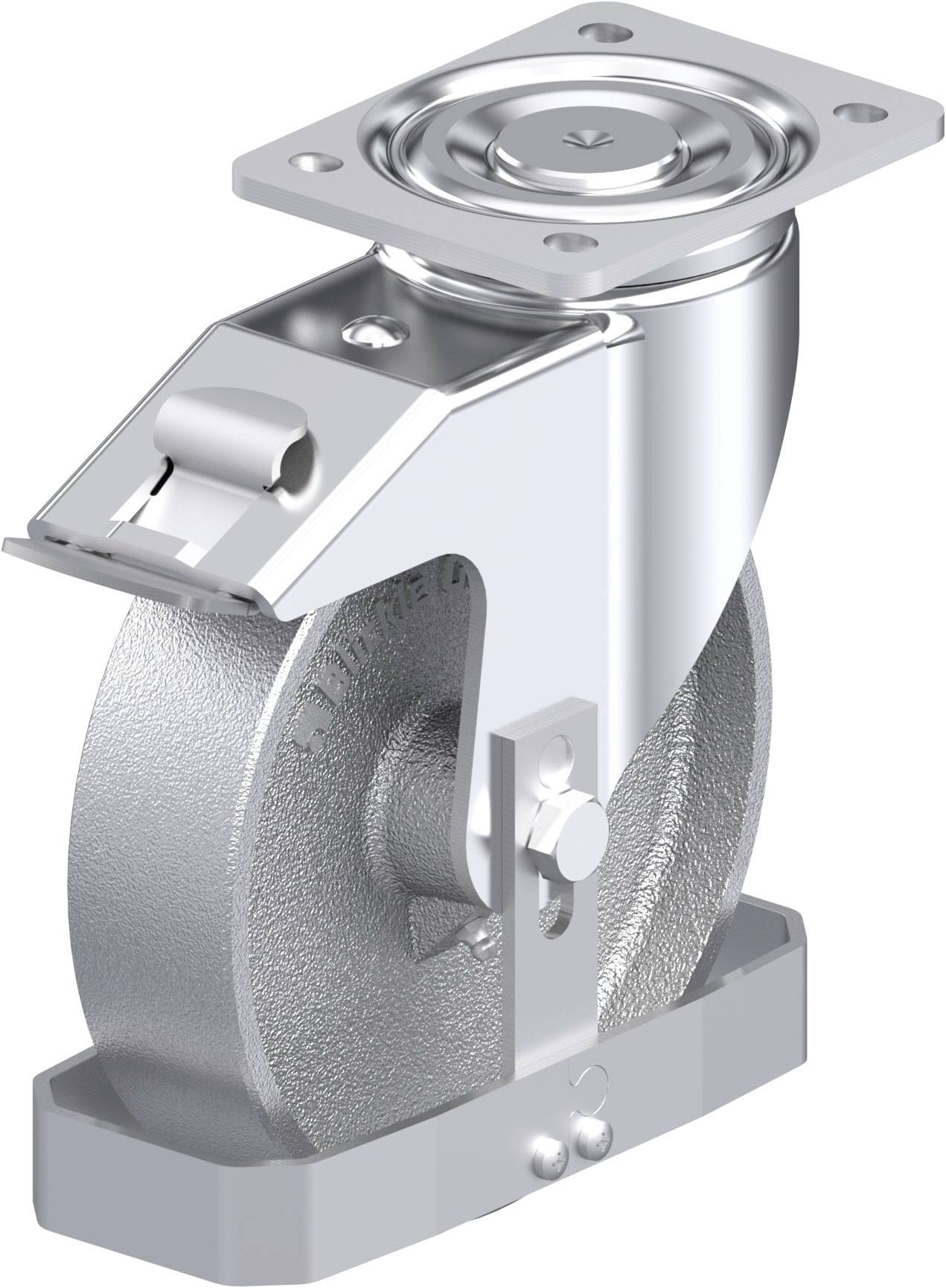 Metallisches Gehäuselaufrolle mit Befestigungsplatte und Bremse. Ideal für industrielle Anwendungen und Möbelbewegung.