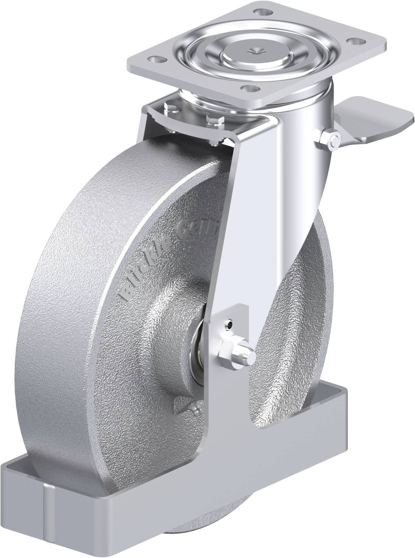 Ein silbernes Schwenkrad mit Bremse und Halterung, geeignet für schwere Lasten.