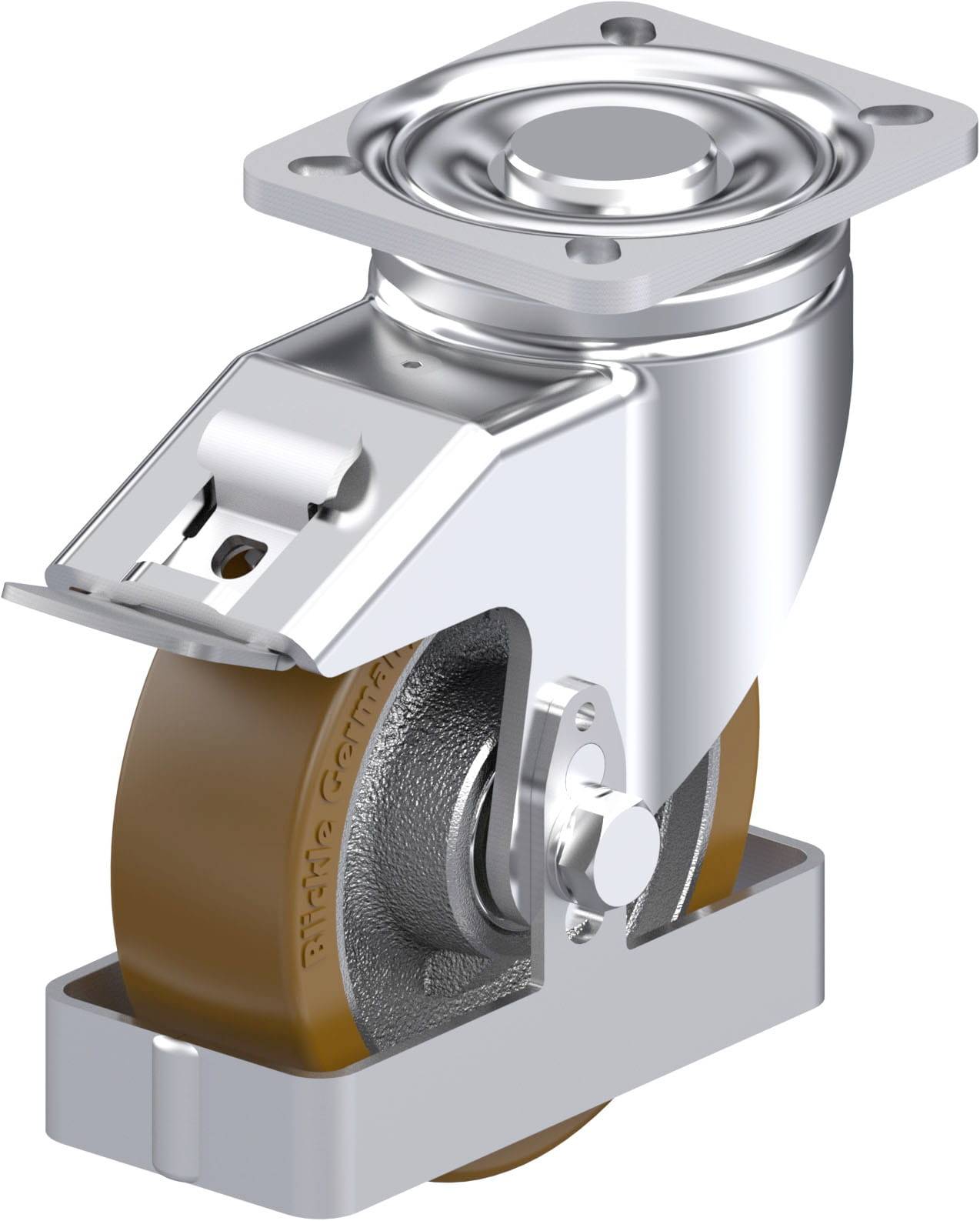 Industrie-Lenkrolle mit braunem Rad und silbernem Metallgehäuse. Oberes Montageblech zur Befestigung. Geeignet für schwere Lasten.