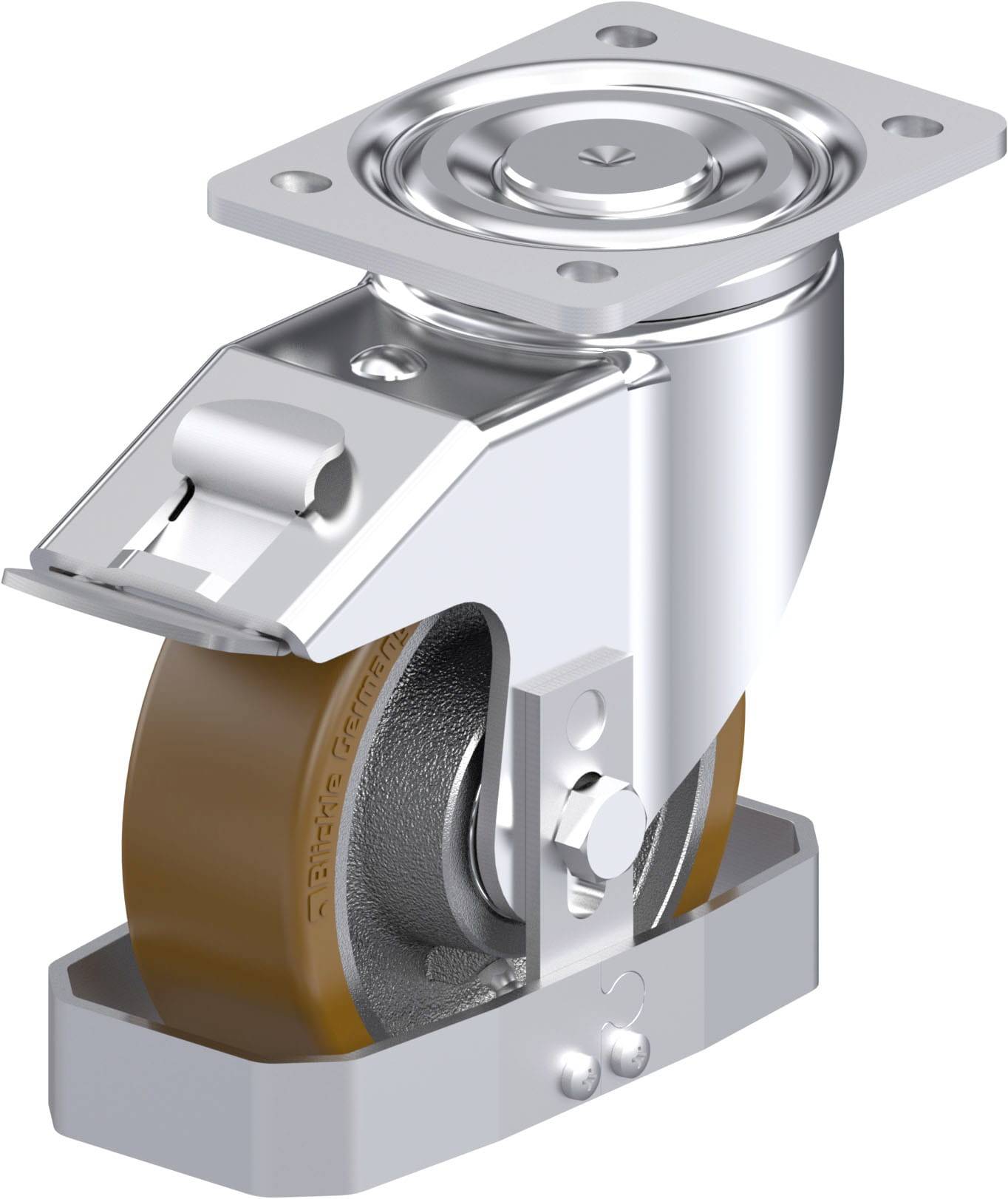 Ein stabiles, robustes Schwerlast-Doppelrollenrad in glänzendem Silber und Braun, geeignet für den industriellen Einsatz und hohe Belastungen.