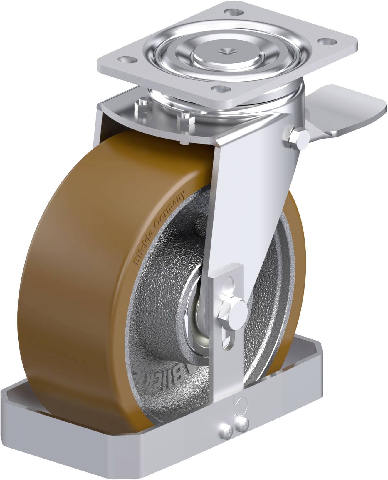 Industrielles Schwerlast-Rollrad aus Metall mit braunem Gummireifen, geeignet für hohe Belastungen und robuste Transportanwendungen.