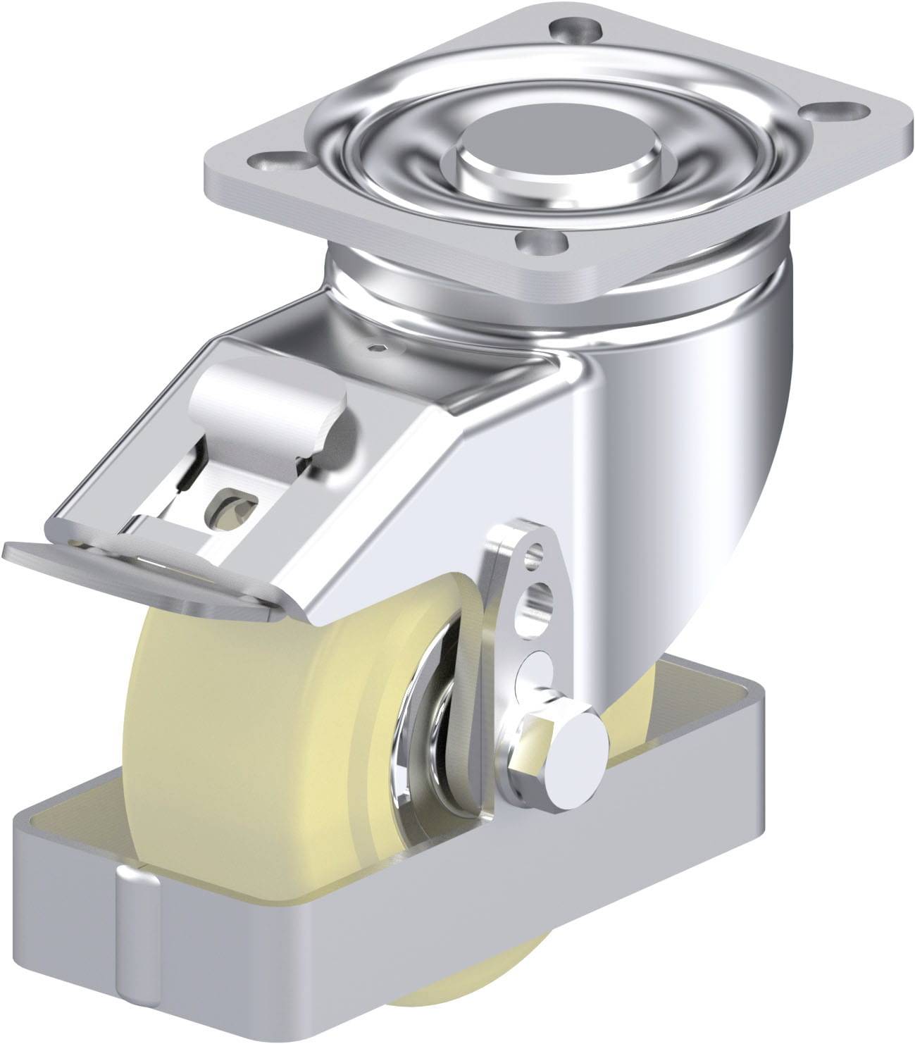 Ein drehbares Laufrolle mit einer Befestigungsplatte. Das Rad ist beige und mit einem Metallgehäuse umgeben, geeignet für Möbel.