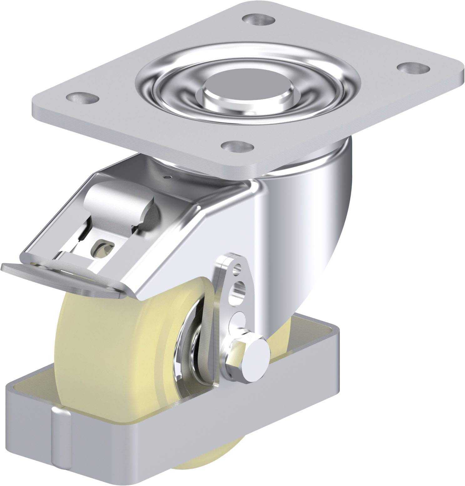 Metallisches Rollenrad mit Befestigungselement, oft verwendet für Möbel oder Transportwagen. Rechteckige Base, runde Achse.