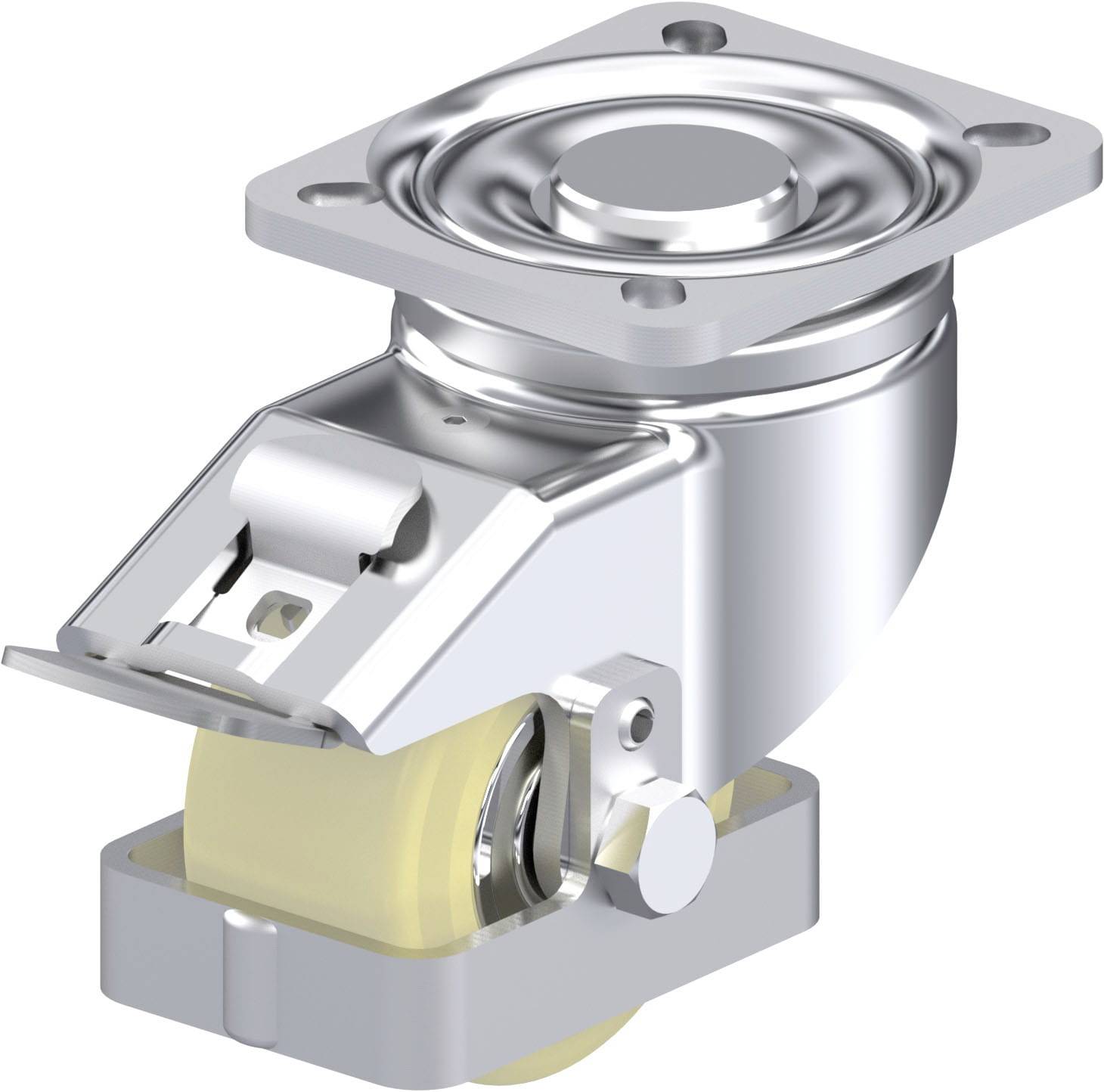 Eine drehbare Lenkrolle mit Bremse, montiert auf einer Metallplatte, geeignet für Industriemaschinen zur Unterstützung bei der Bewegung.