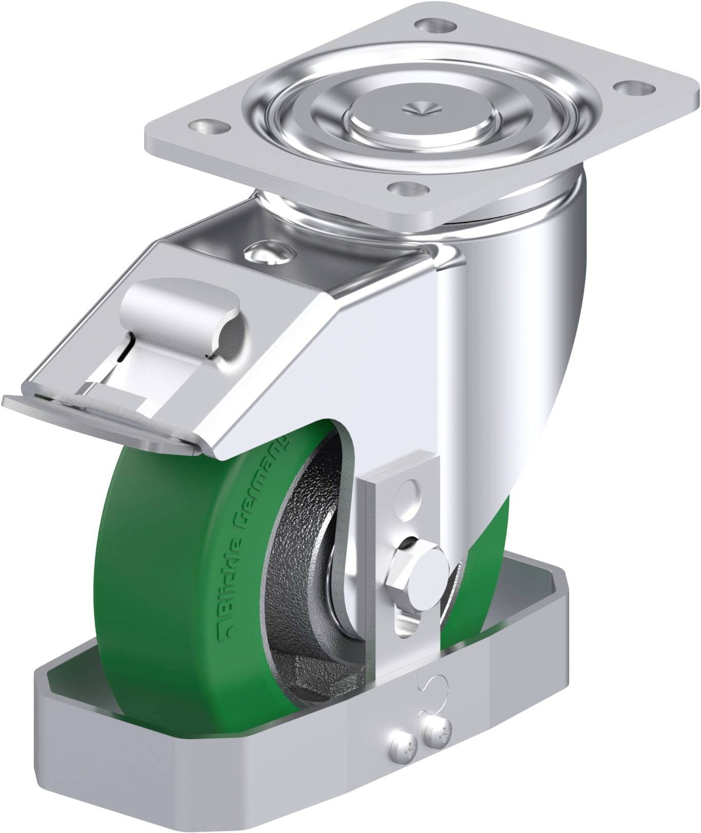 Ein drehbares Industriellenkrollrad aus Metall. Es hat eine grüne Radabdeckung und besteht aus strapazierfähigen Materialien für schwere Lasten.