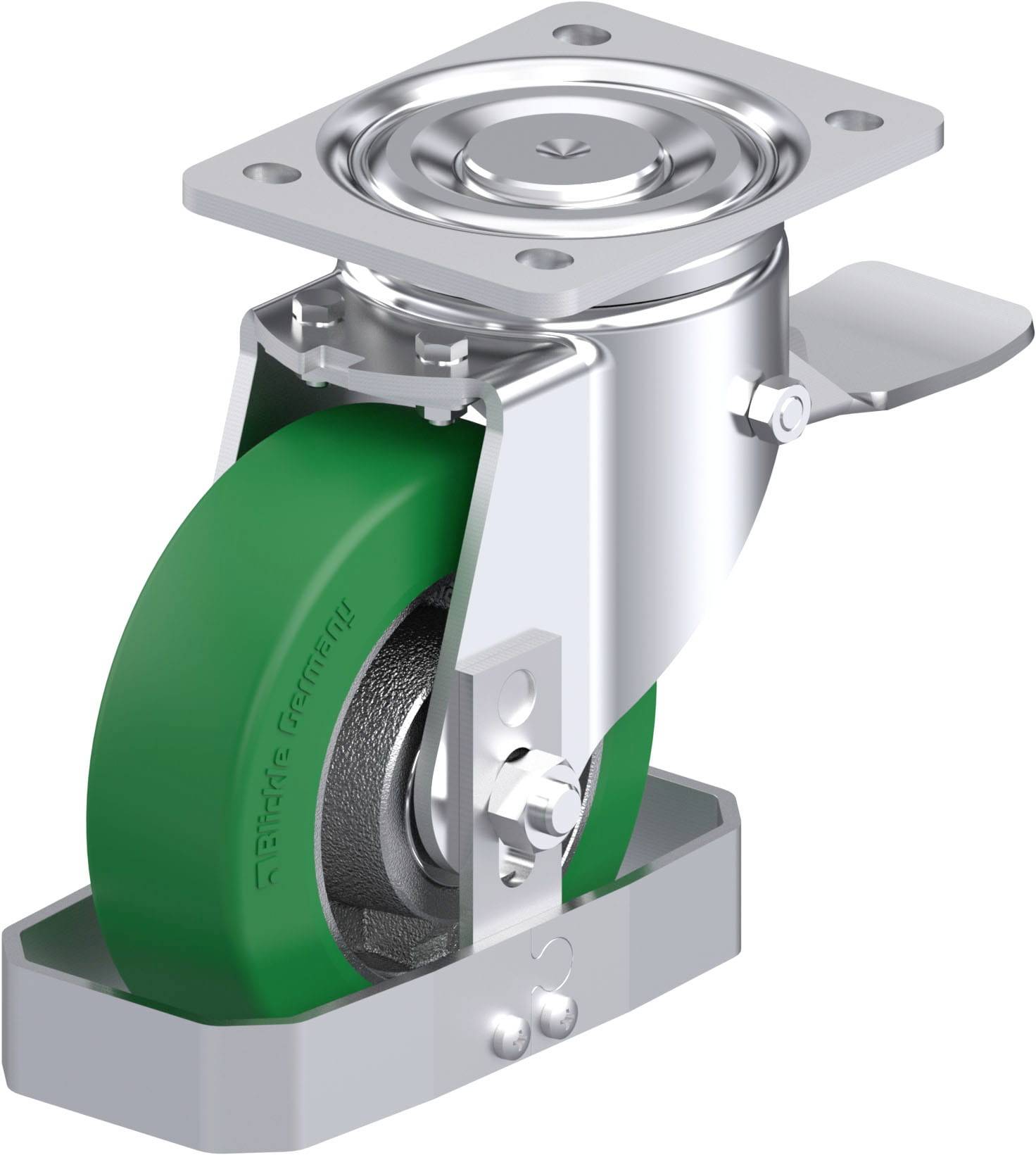 Metallisches Schwerlast-Lenkrollenrad mit grünem Gummirad, geeignet für industrielle Anwendungen, besonders robust und stabil.