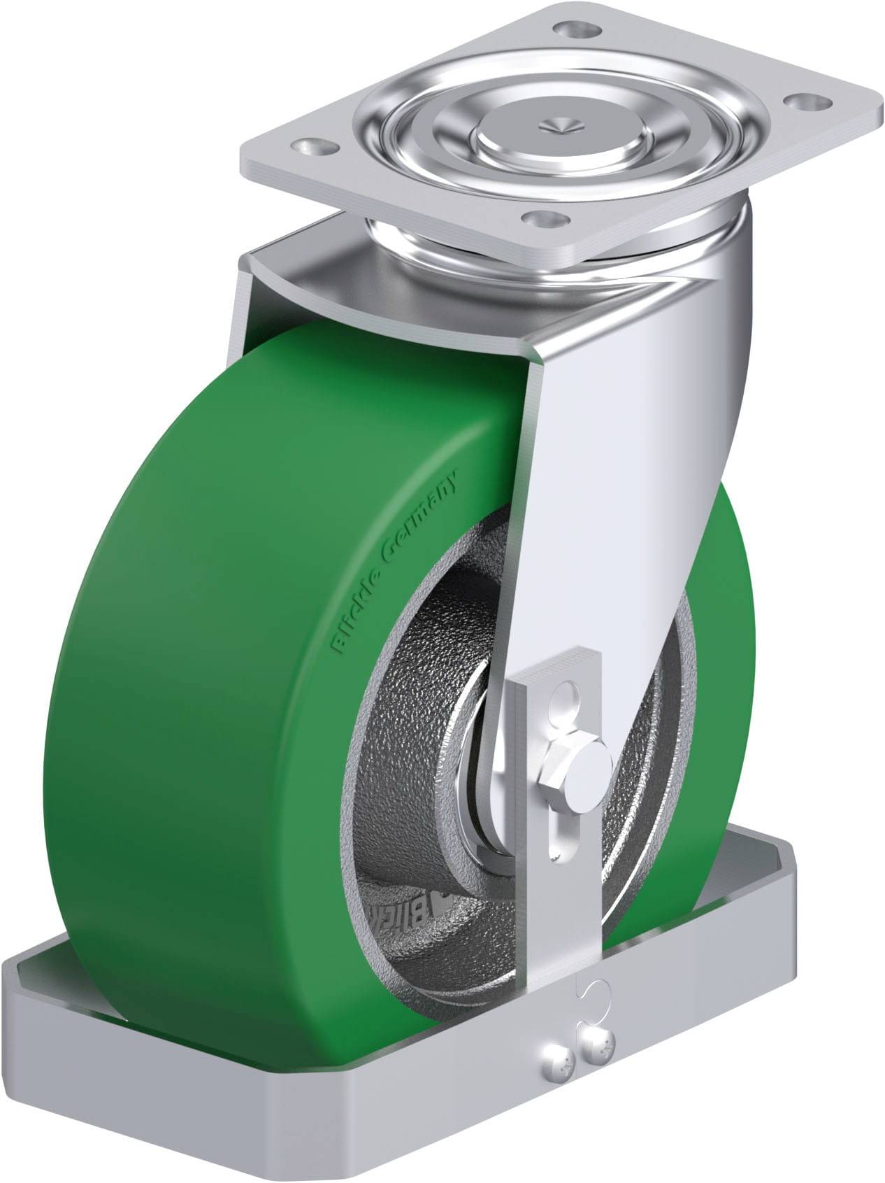 Schwenkrolle aus Metall mit grüner Gummibereifung, befestigt auf einer Metallplatte. Ideal für den Transport von schweren Lasten.