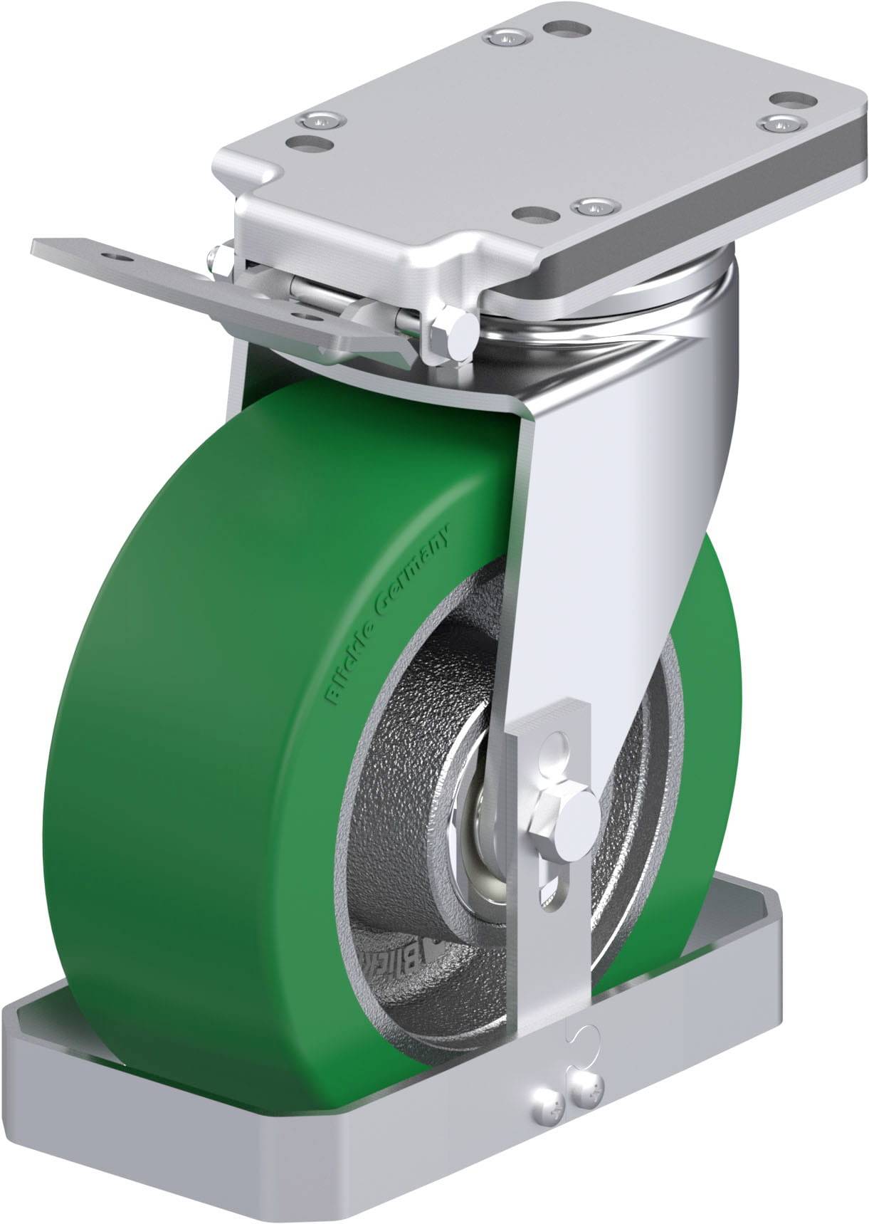 Industrie-Lenkrolle mit grünem Rad, robust gebaut, aus Metall und Kunststoff, geeignet für schwere Lasten in industriellen Anwendungen.