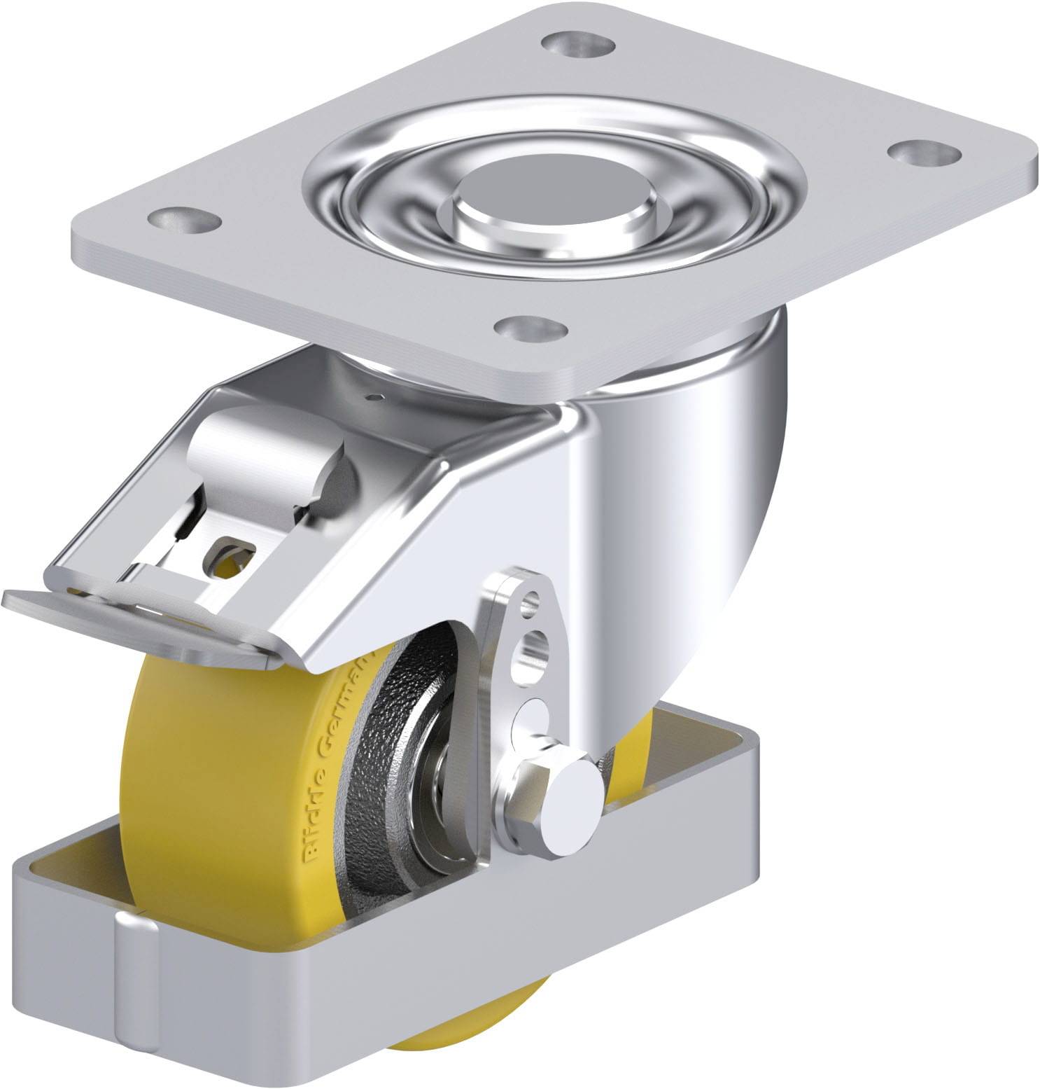 Drehbares Lenkrollenrad mit gelbem Rad und silberner Befestigungsplatte. Ideal für Möbel oder Transportgeräte.