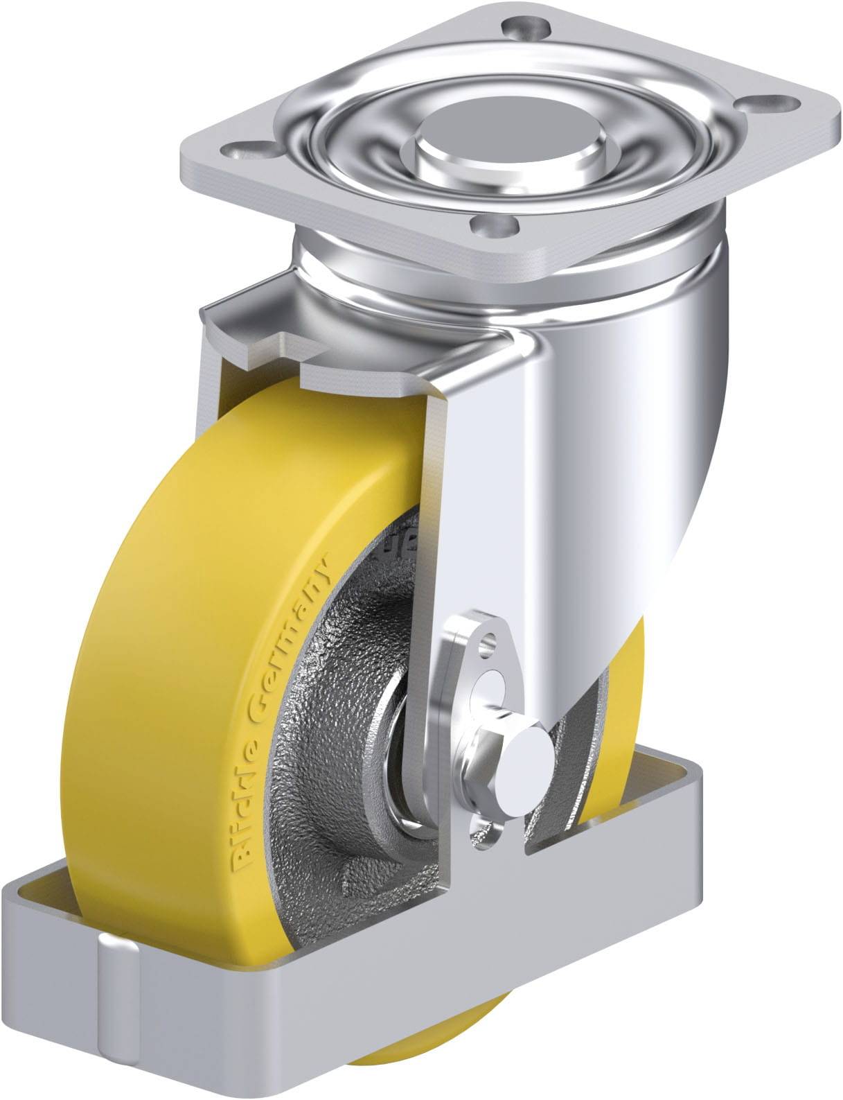 Drehlaufrolle mit gelbem Rad und silbernem Gehäuse, montierbar über eine quadratische Platte.