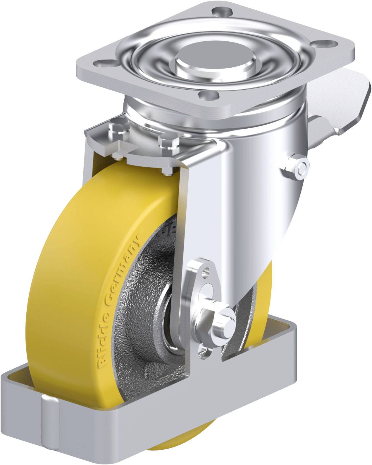 Industrie-Schwenkrolle mit gelbem Rad, silbernem Metallgehäuse und Befestigungselementen. Entwickelt für schwere Lastenbewegung.