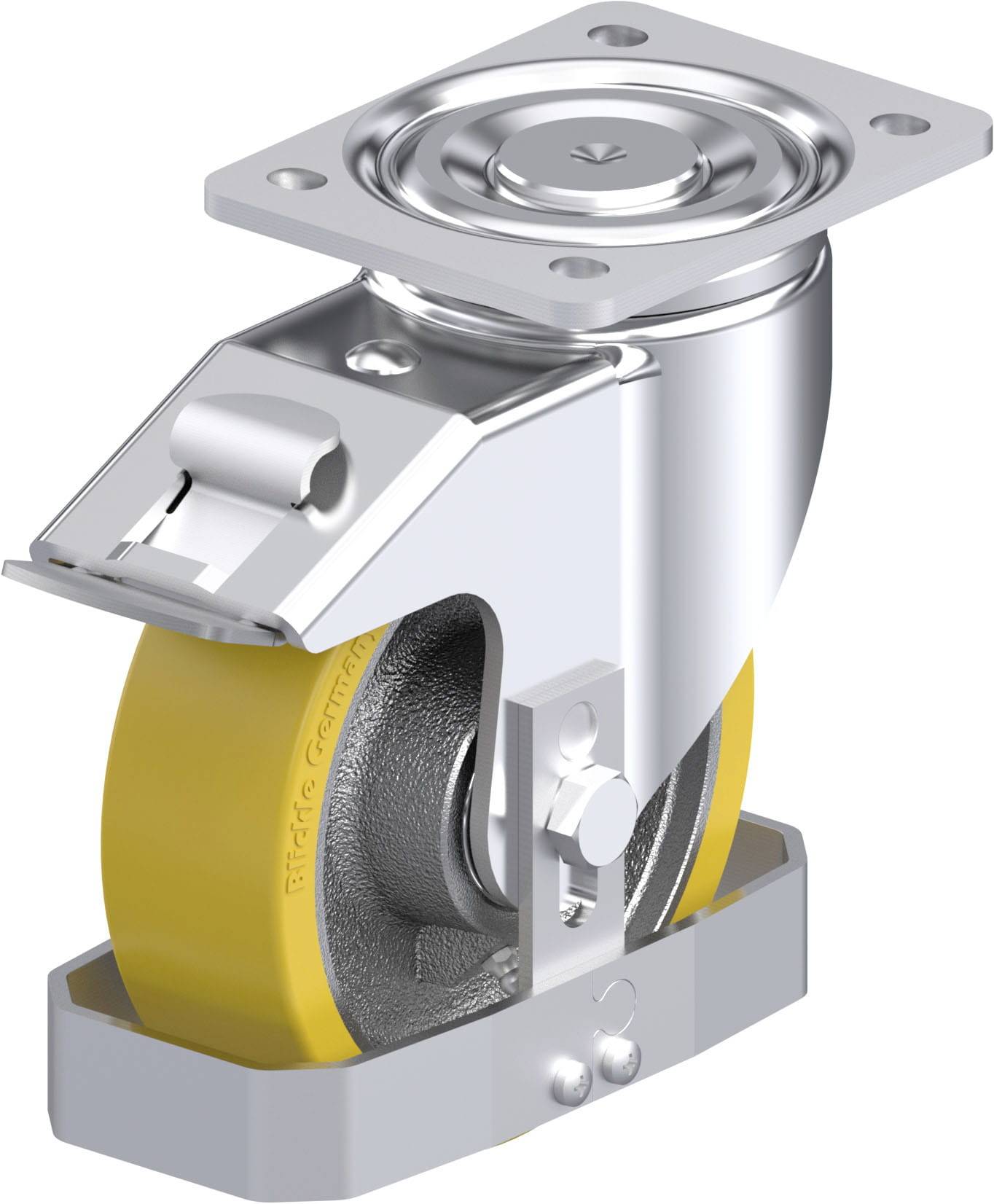 Industrie-Stützrad mit gelbem Rad und Metallhalterung, verwendet für schwere Maschinen oder Lagerausrüstung.