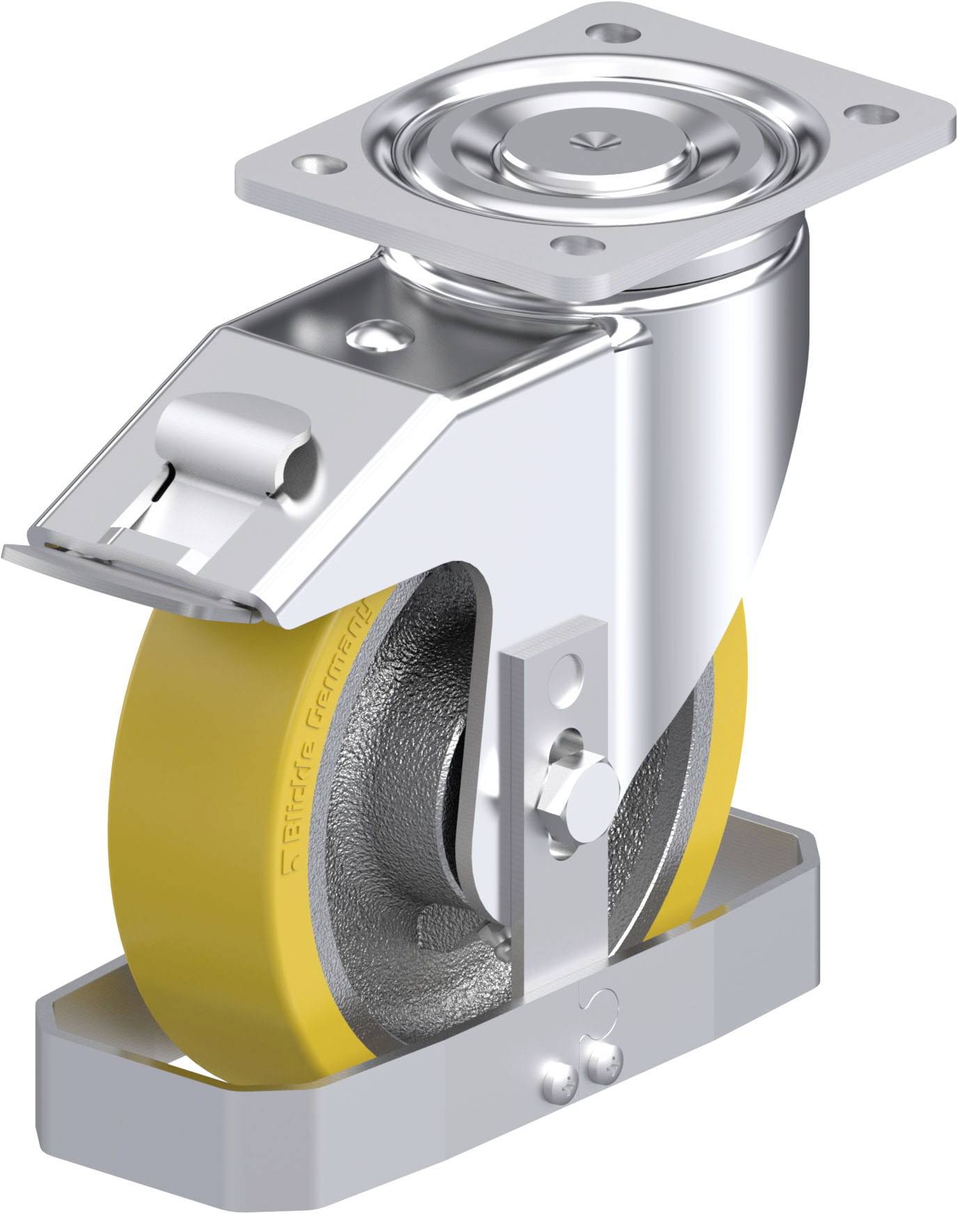 Schwenkrolle aus Metall mit gelbem Rad, oberer Montageplatte und Bremse für industrielle Anwendungen oder Transportwagen.