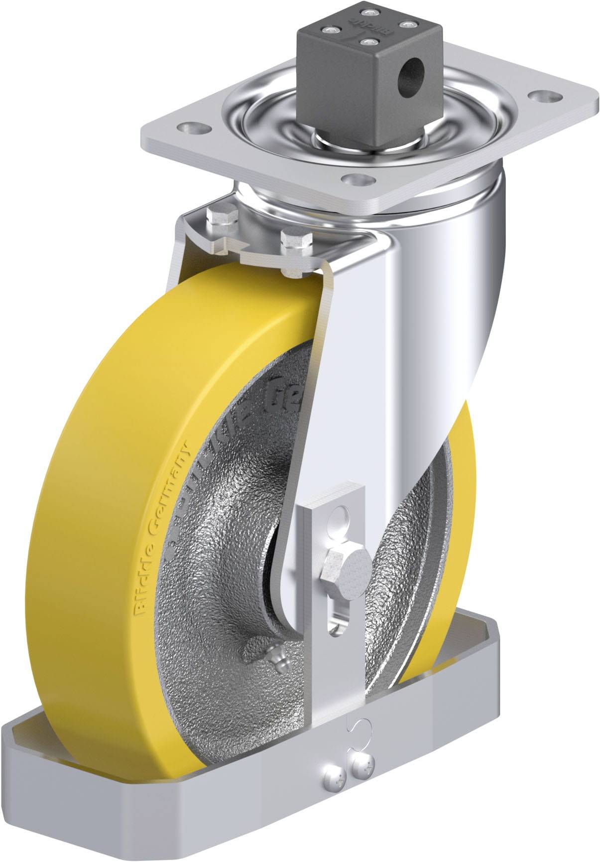 Gelbes Schwerlast-Lenkrollenrad aus Metall mit quadratischer Montageplatte, seitlicher Bremse und abgedichtetem Kugellager.