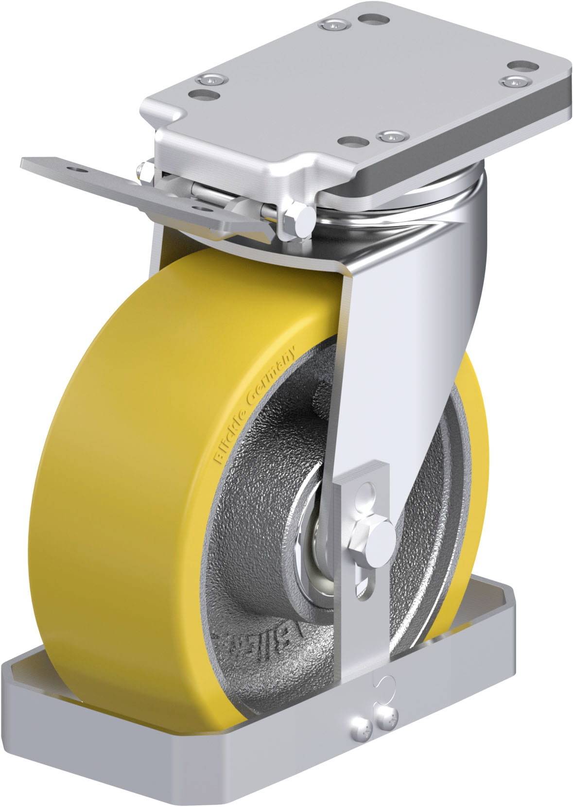 Industrielle Rolle mit gelbem Rad und silbernem Gestell, geeignet für Schwerlastanwendungen.