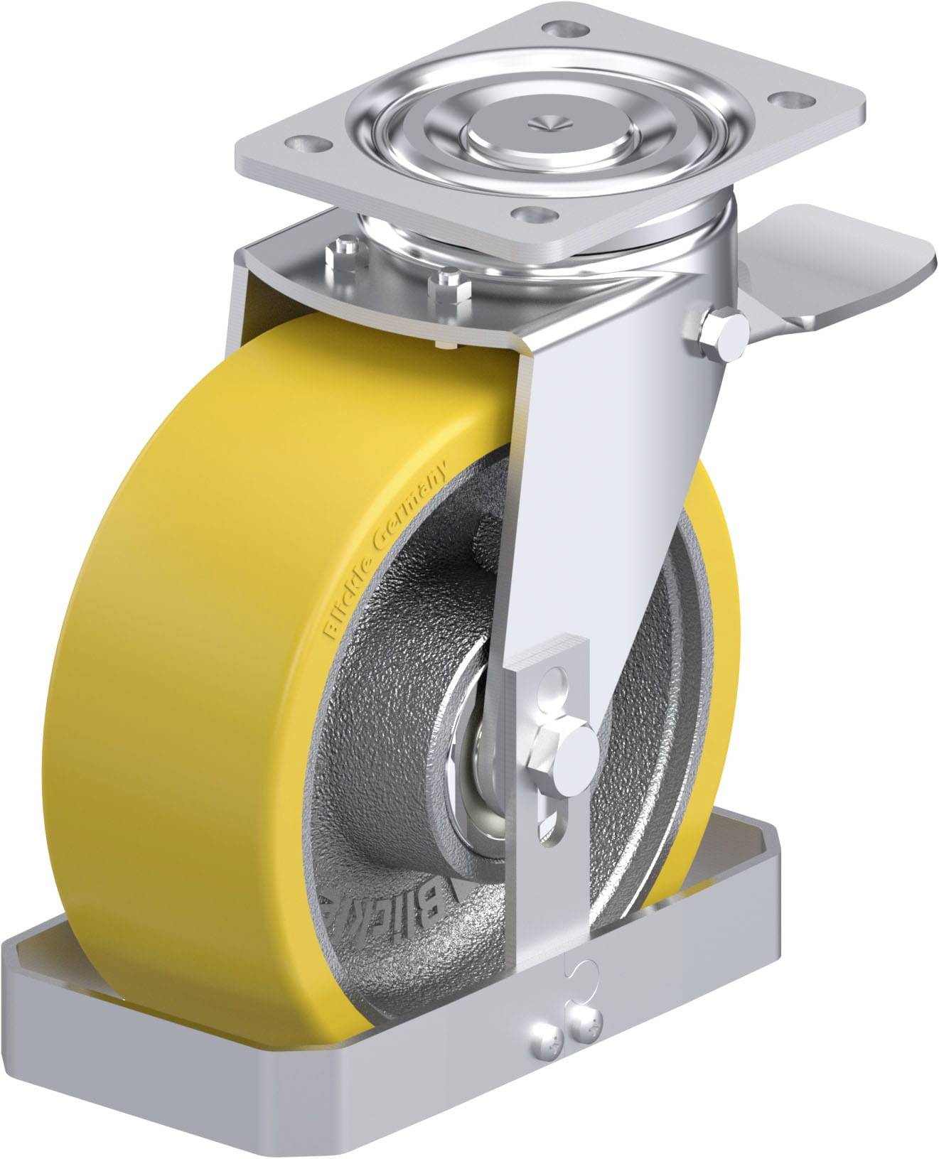 Industrie-Rolle mit gelbem Polyurethanrad und drehbarem Metallgehäuse, geeignet für schwere Lasten in industriellen Anwendungen.