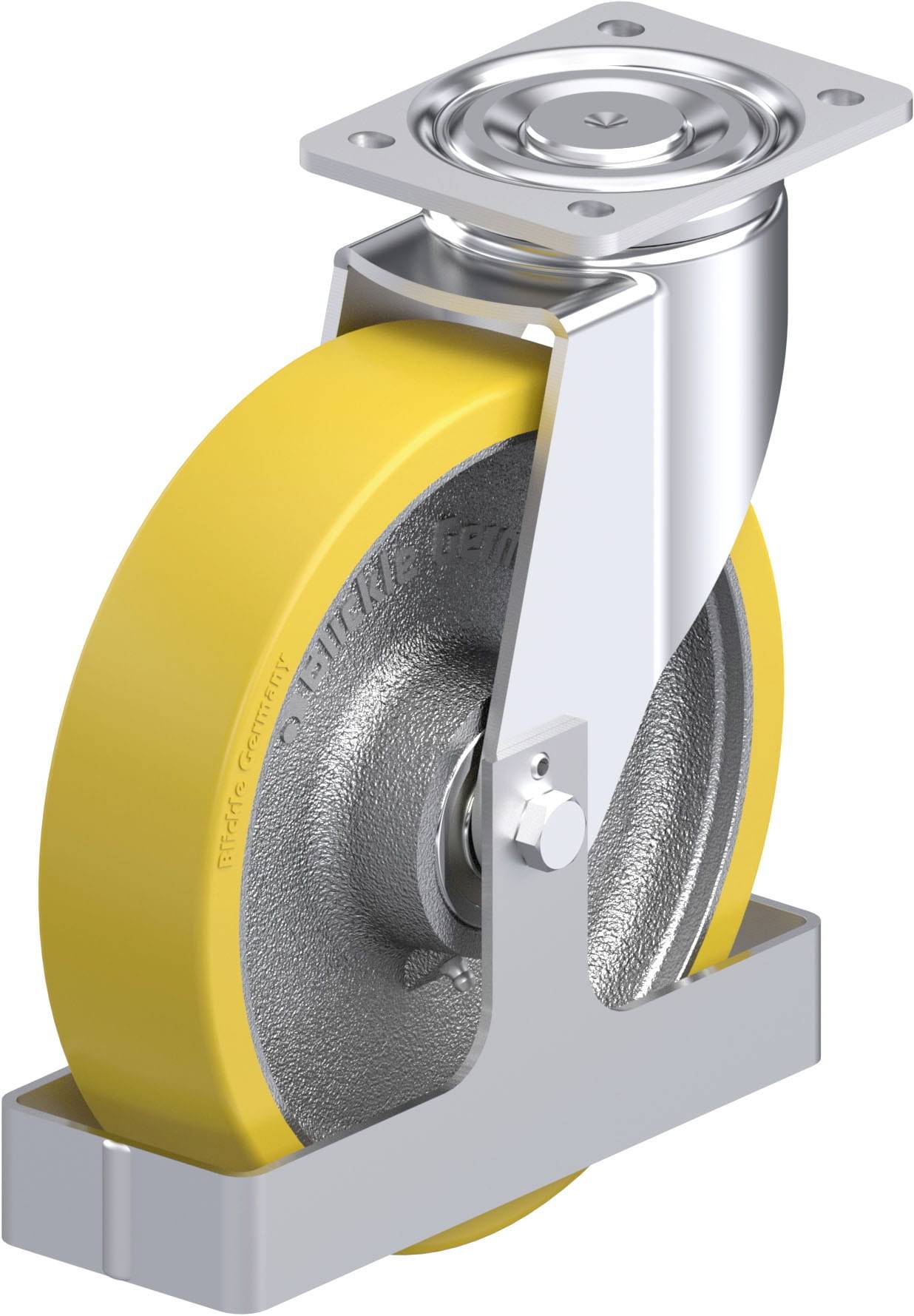 Industrielle Rolle mit gelbem Rad und Metallhalterung, seitliche Ansicht.