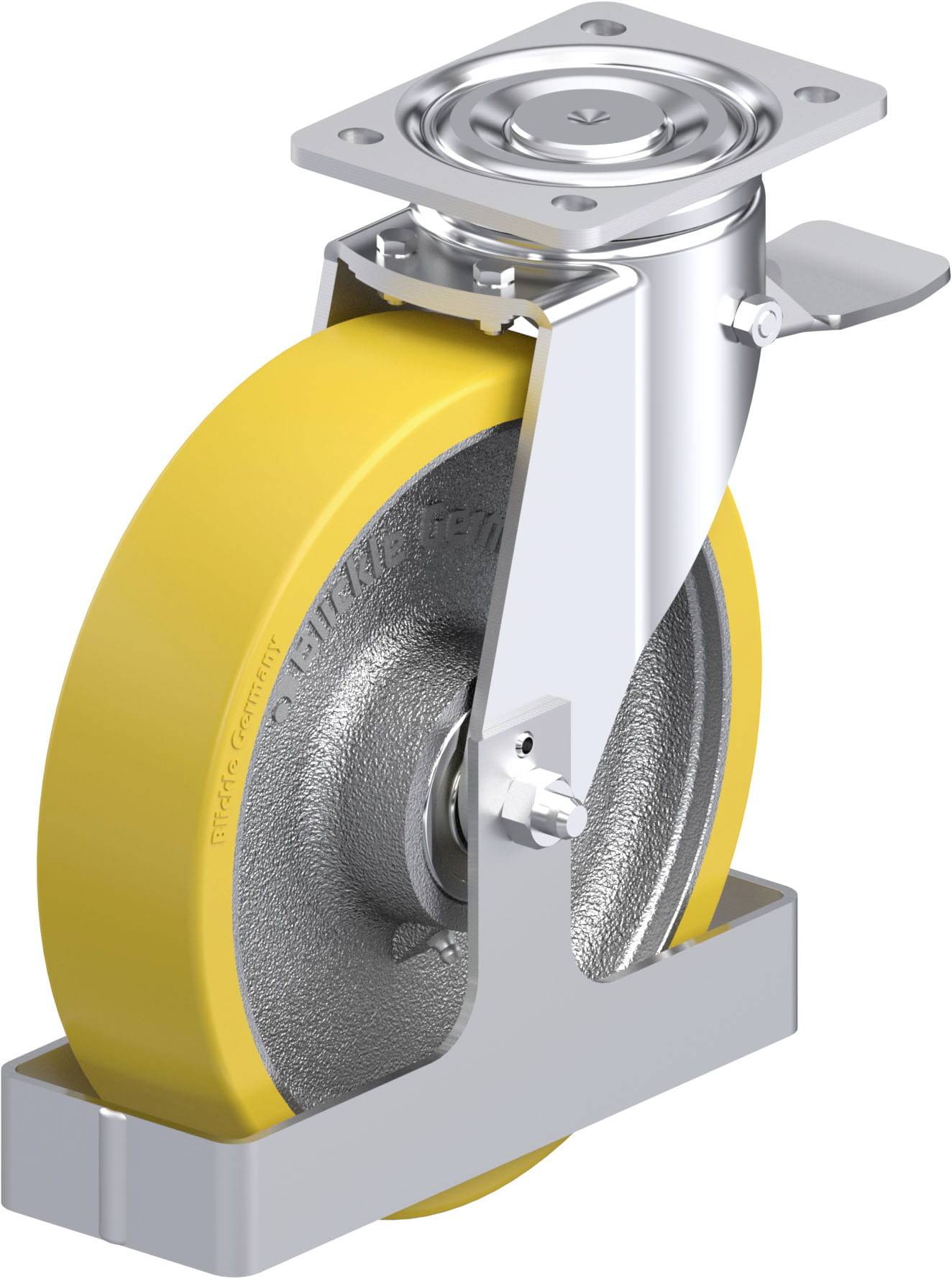 Ein gelbes Lenkrollrad aus Metall mit Bremsfunktion, oft verwendet für industrielle Wagen. Detailansicht zeigt Aufnahmeplatte und Bremse.