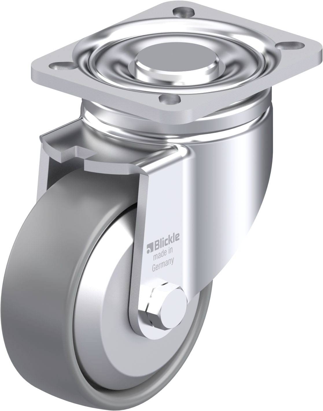 Metallenes Lenkrolle mit grauem Rad, geeignet für Industriemöbel. Markierung 'Blickle - made in Germany' auf der Seite.