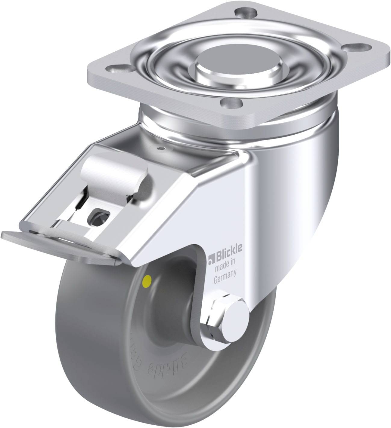 Industrie-Lenkrolle aus Metall mit grauem Gummi; für schwere Lasten geeignet. Drehteller und Feststeller sind sichtbar.