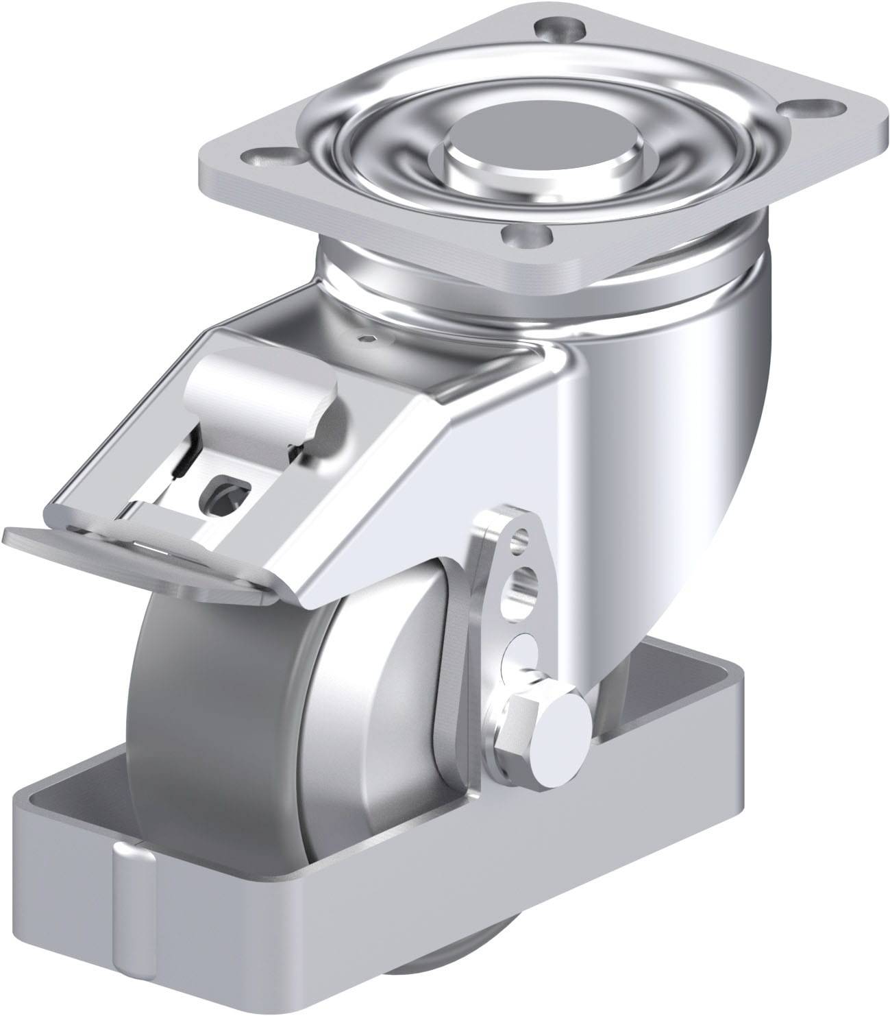 Metallrolle mit Befestigungsplatte und Arretiervorrichtung, geeignet für den Einsatz in industriellen Anwendungen und Möbeln.