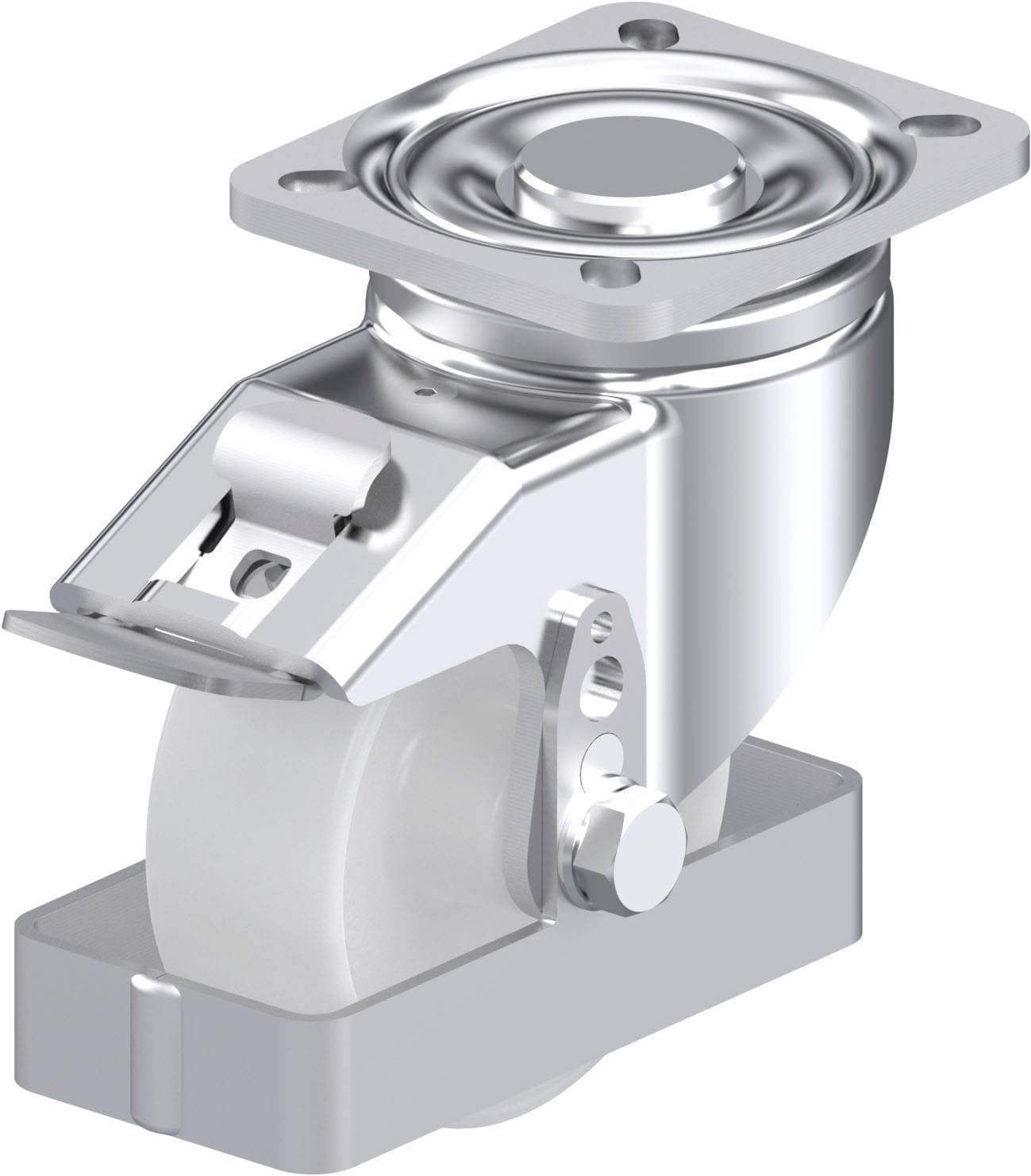 Metallisches Schwerlast-Rollenlager mit Befestigungsplatte. Die Rolle ist weiß, der Rahmen silbern. Geeignet für industrielle Anwendungen.