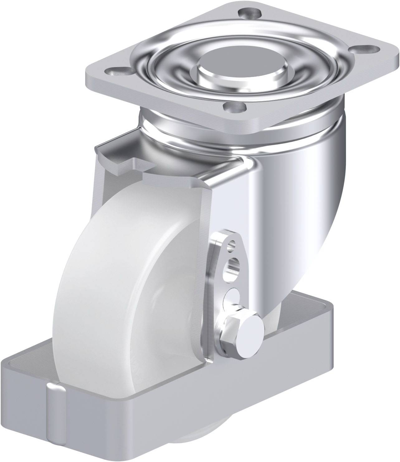 Industrie-Rollenlager mit silbernem Metallgehäuse und weißem Rad, geeignet für Möbel oder industrielle Anwendungen.