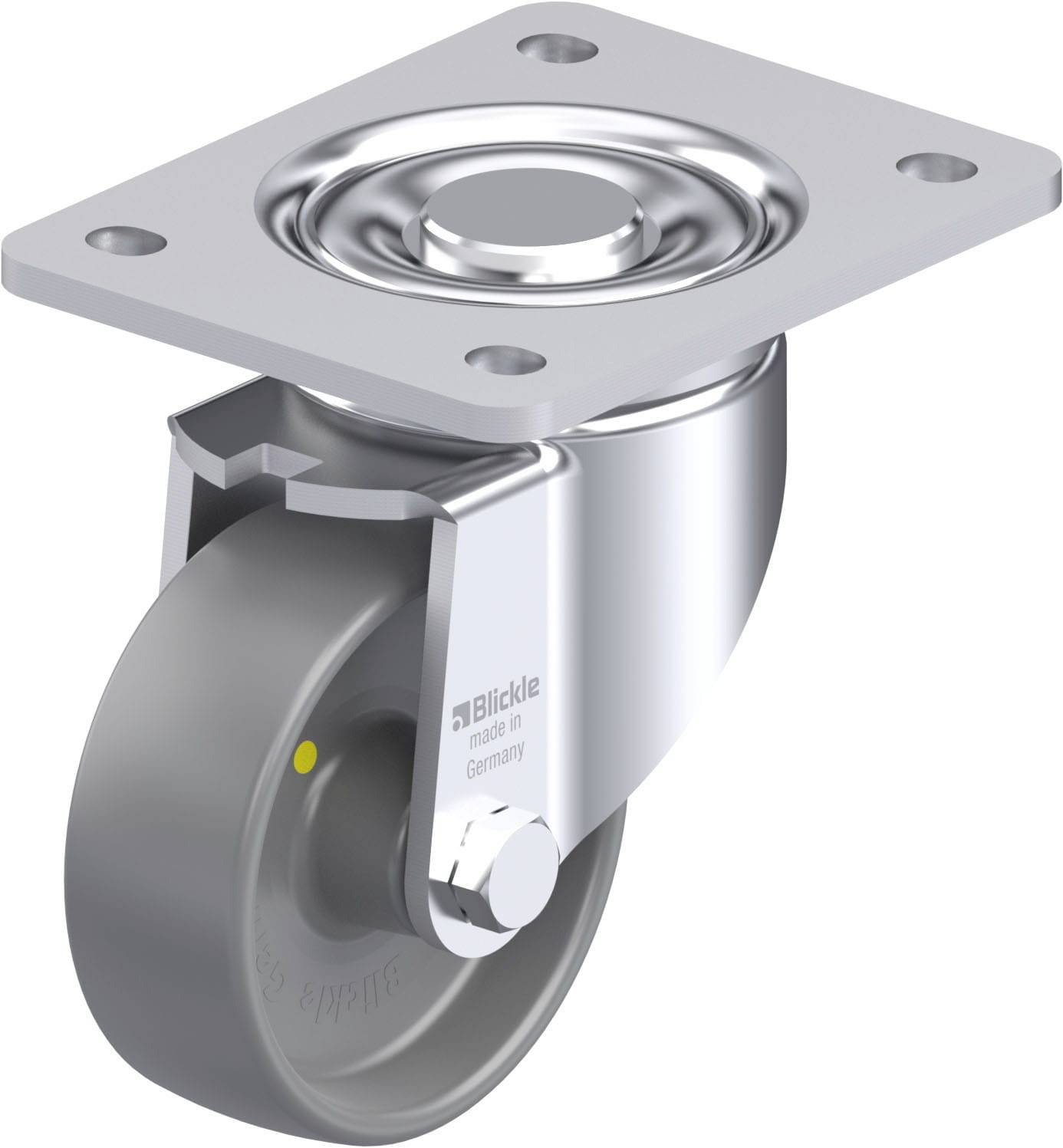 Industrie-Lenkrolle aus Metall mit grauem Rad und oberer Befestigungsplatte. Markiert mit 'Blickle, made in Germany'.