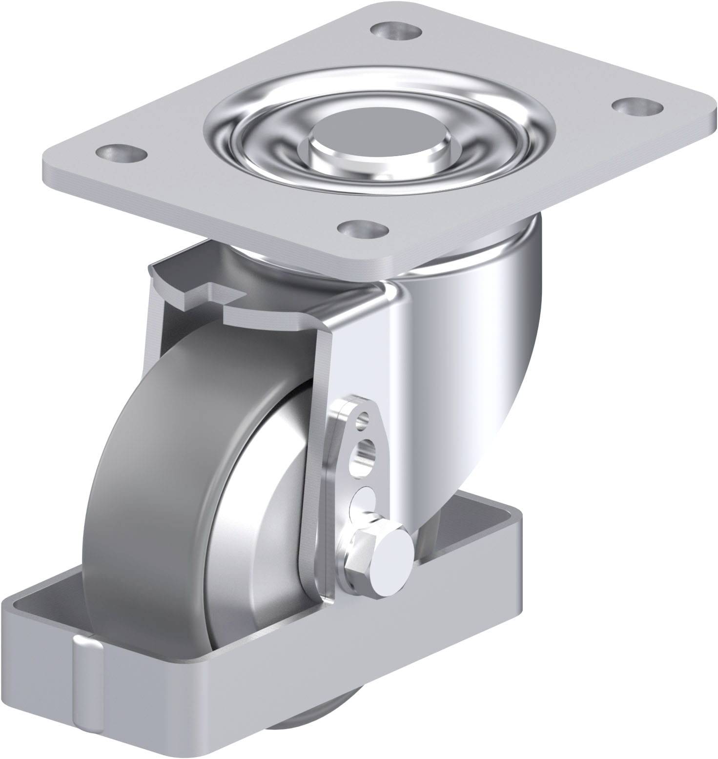 Ein silberne, drehbare Lenkrolle aus Metall auf einem rechteckigen Befestigungsblech, geeignet für Möbel oder Geräte.