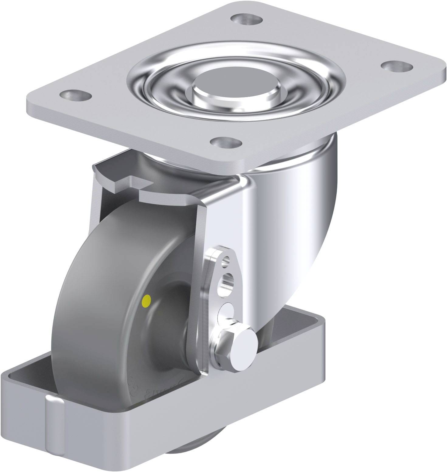 Metallisches Gelenkrollenrad in Seitenansicht, montiert auf einer rechteckigen Befestigungsplatte mit vier Löchern.