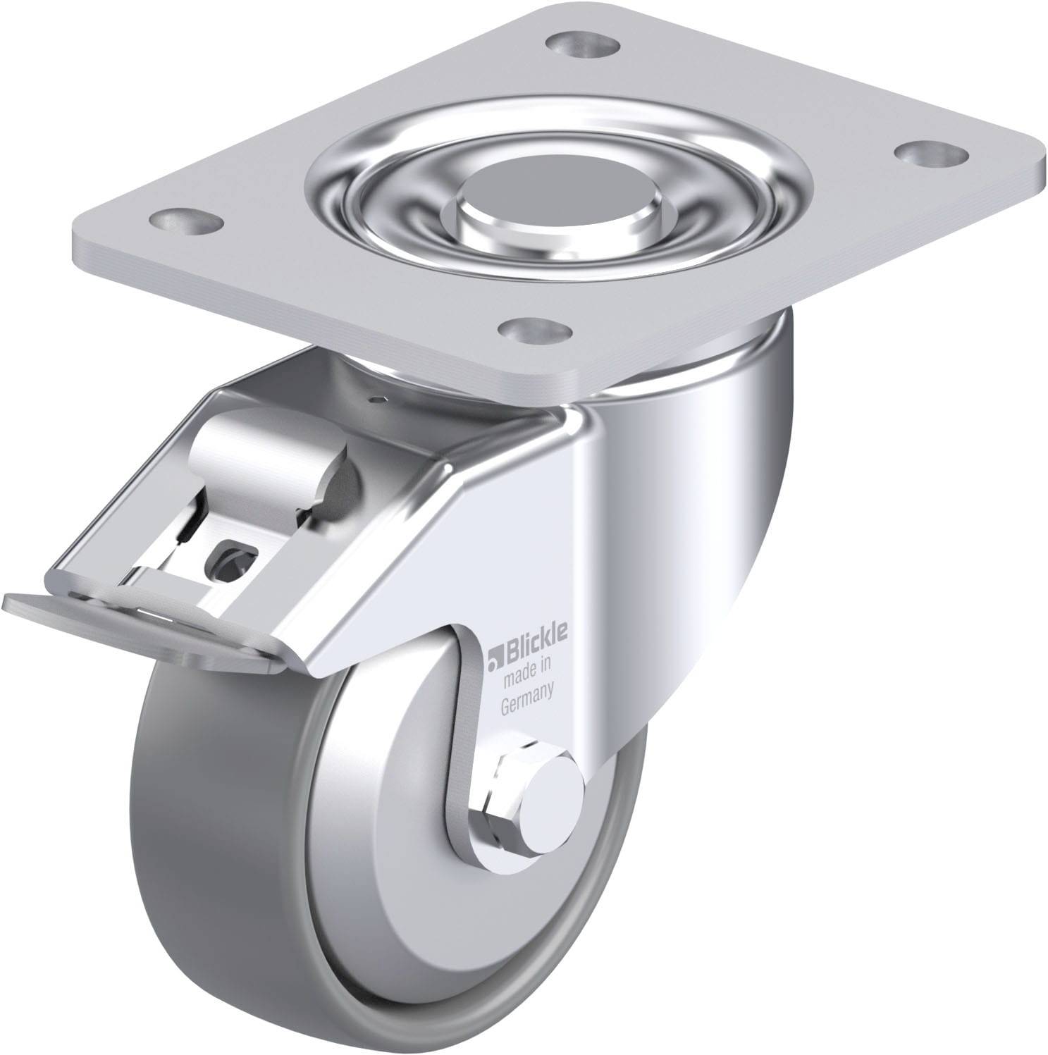 Ein silbernes Schwerlast-Lenkrolle mit Platte zur Befestigung, zeigt Details des Aufbaus. Geeignet für Industriemaschinen.
